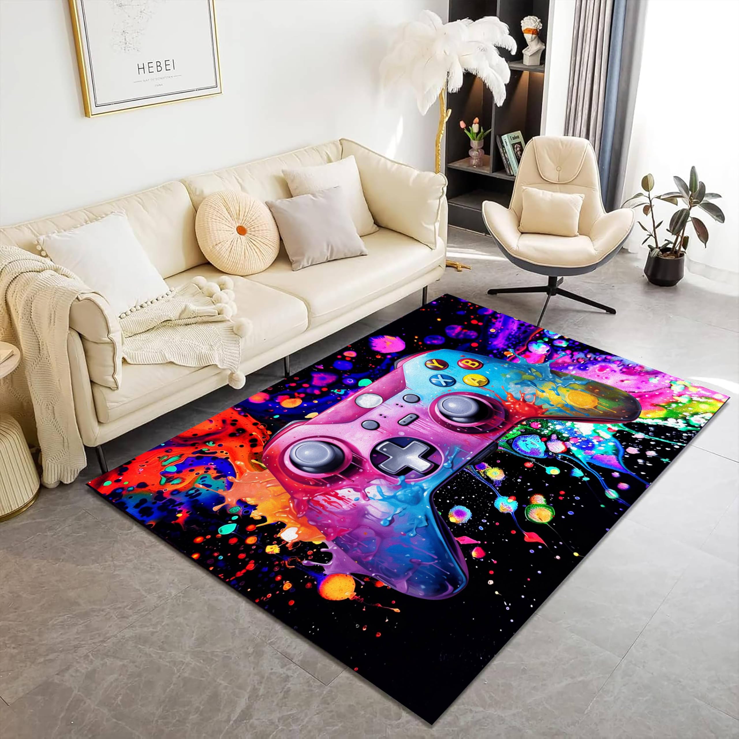 Gamer Gaming Teppich, 100x150cm, Pink-Blauer Gaming Teppich, Abstrakter Doodle-Gamepad-Teppiche, Bodenmatte Großer Fußmatte für Spielzimmer, Kinderzimmer, Wohnzimmer, Schlafzimmer