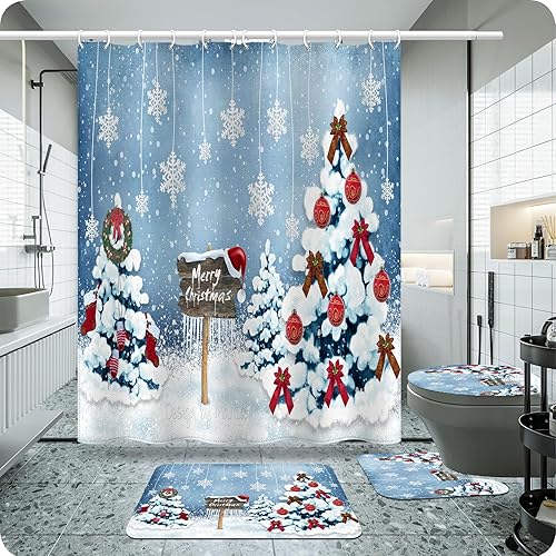 Miniatura 1 de powond Juego de cortinas de ducha de árboles de Navidad para baño con alfombras antideslizantes, cubierta de tapa de inodoro, tapete de baño y