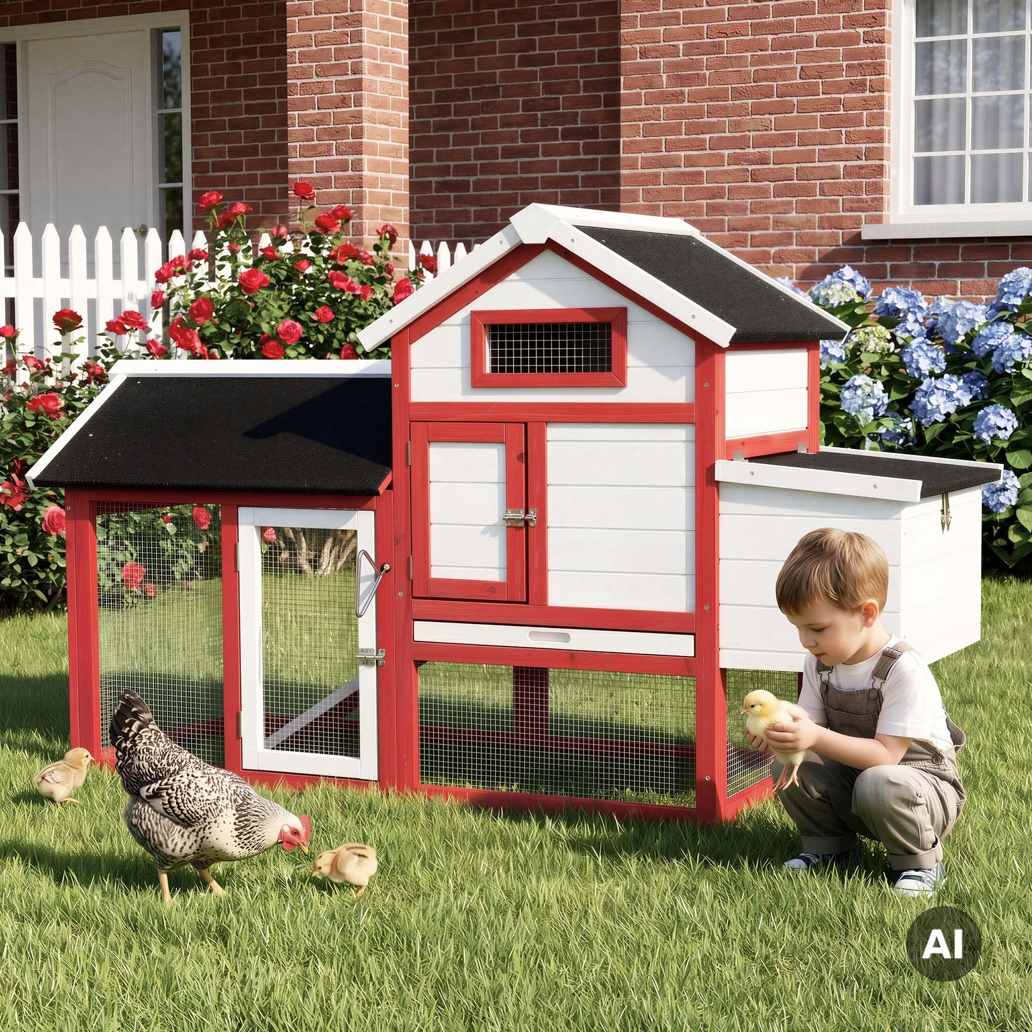 Wiltec Poulailler avec Nichoir, Enclos & Pondoir – 1155 x 520 mm – en Bois Sapin – Toit bitumé – avec Grillage et Bac à crottes – Maison pour Petits Animaux, Poules, volaille Clapier