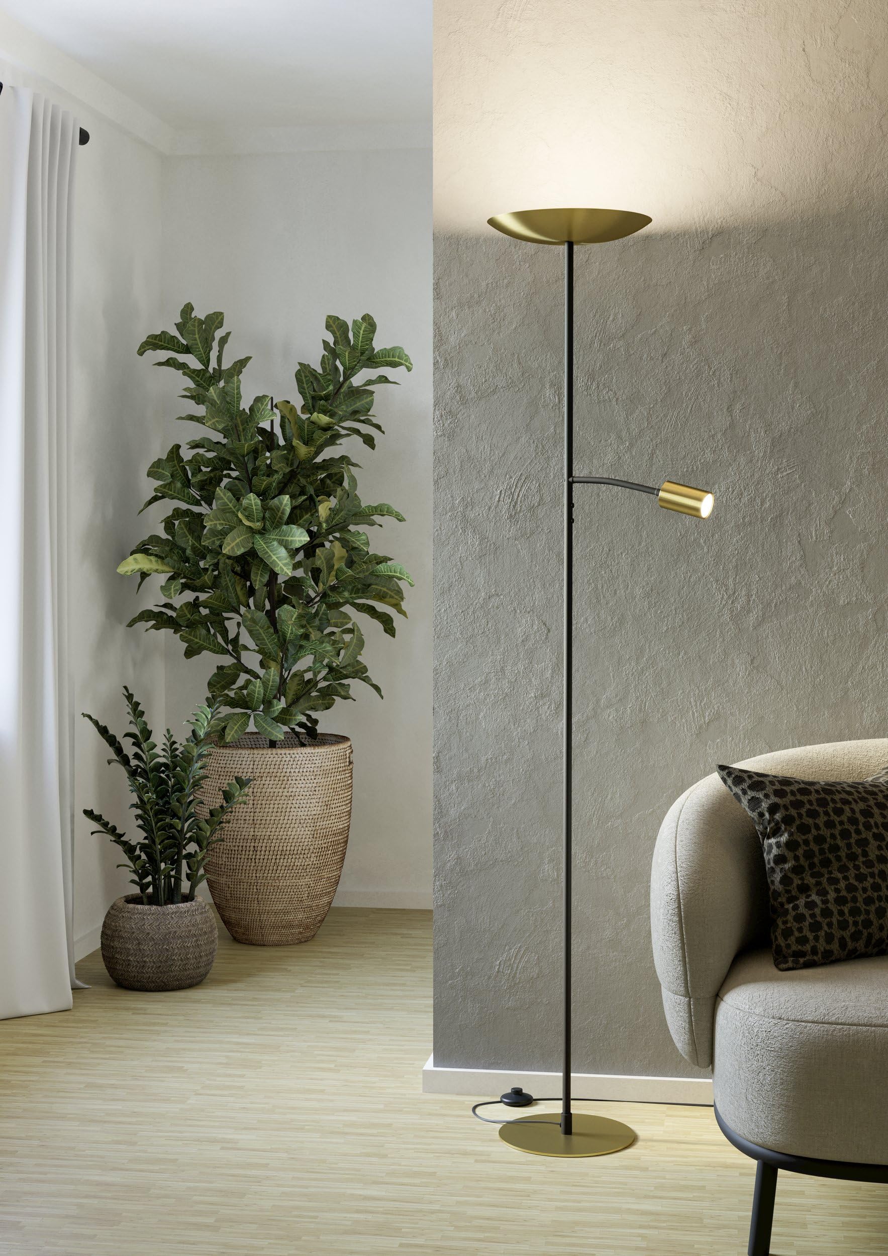 EGLO LED Stehlampe Conivarino, Lampe Wohnzimmer | Deckenfluter mit flexibler Leselampe, Standleuchte touch dimmbar, Stahl in Messing-gebürstet, warmweiß, 170 cm