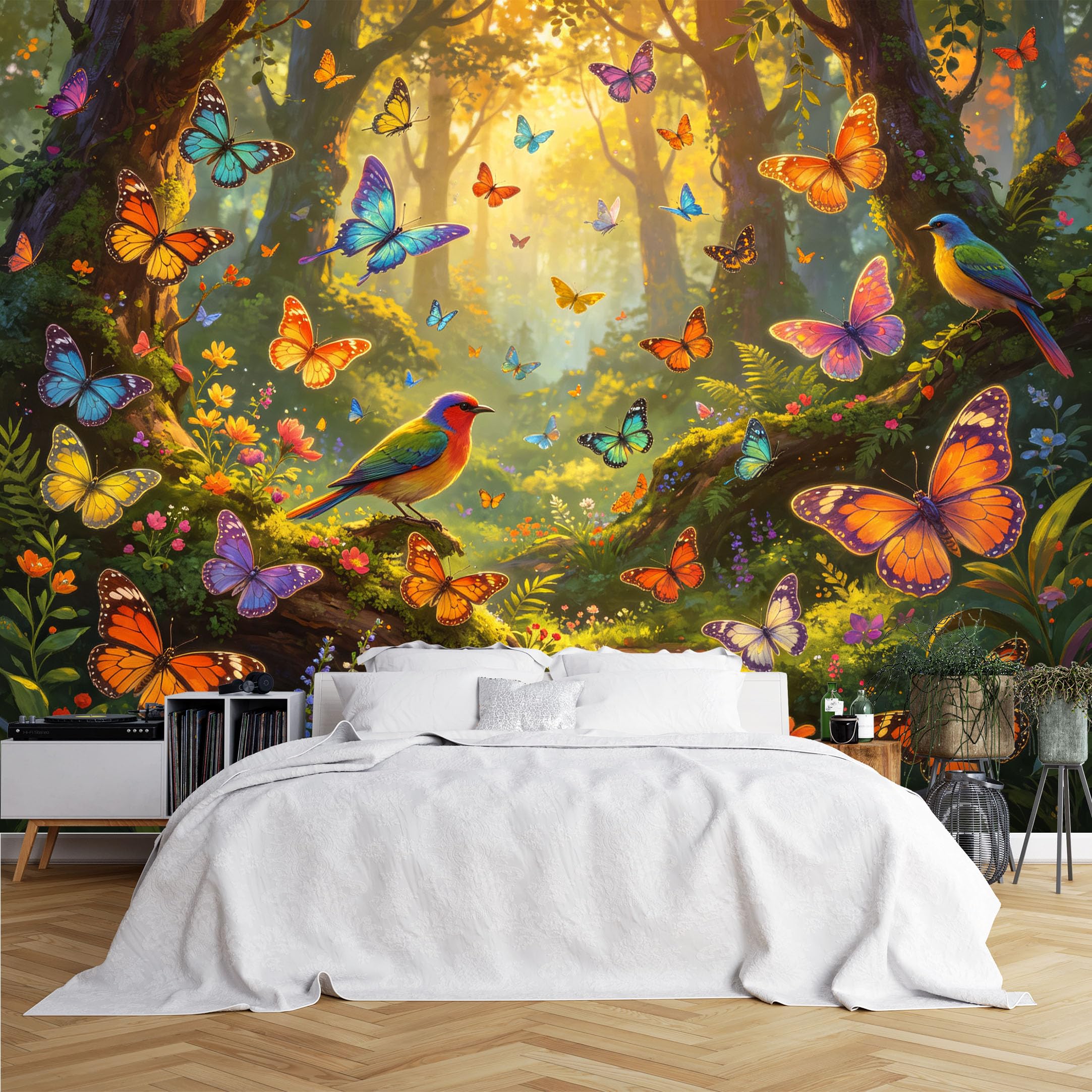 Lcythiazole Ch260615064 Custom Size Wall Murals Colorful Butterfly Bird Sunlit Forest Wall Murals Large Photo Wallpaper Self-Adhesive Removable Wallpaper For Kids Bedroom Study