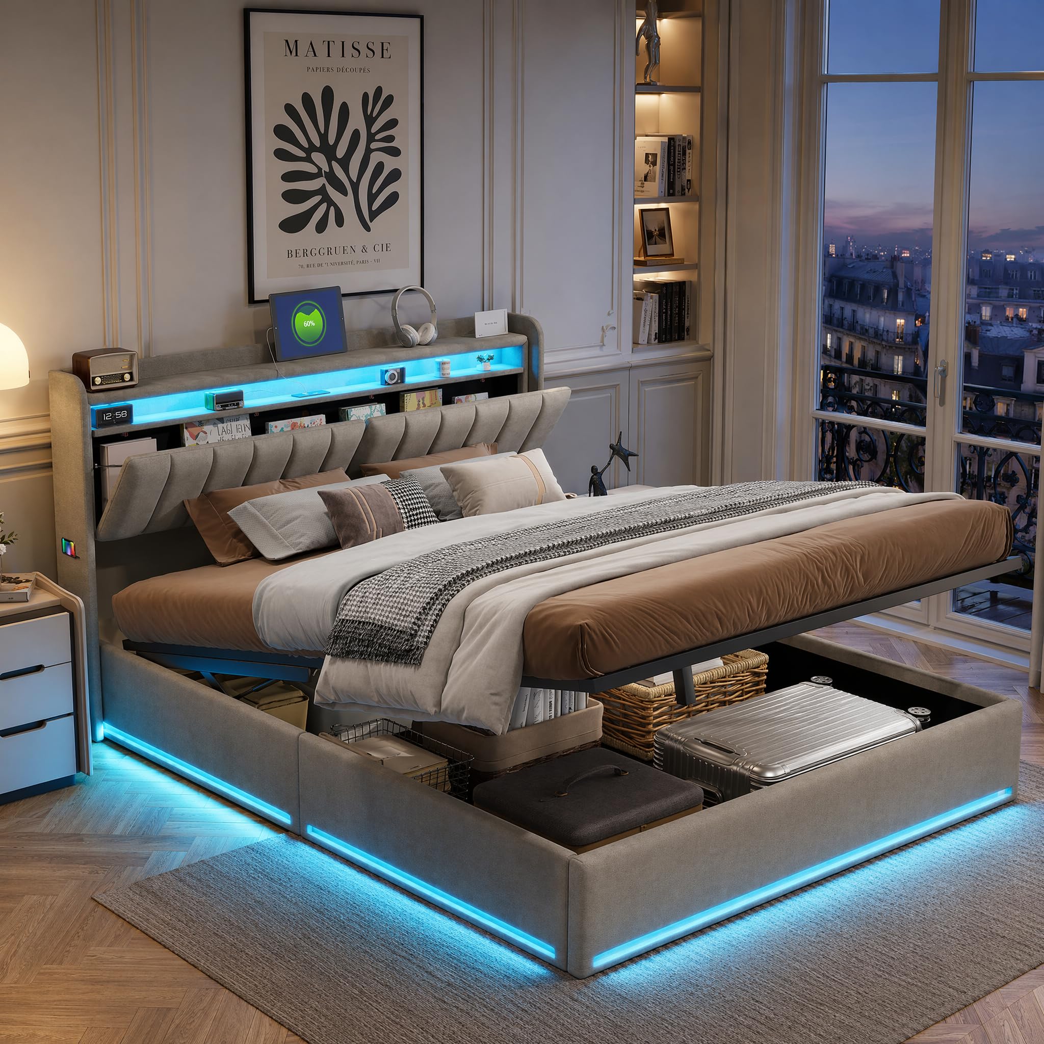 Cama Matrimonio Cama 140x200 cm con USB y Iluminación LED, Camas matrimoniales con Almacenamiento Hidráulico, Cama tapizada con Somier de Láminas (Gris-a, 140x200 cm)
