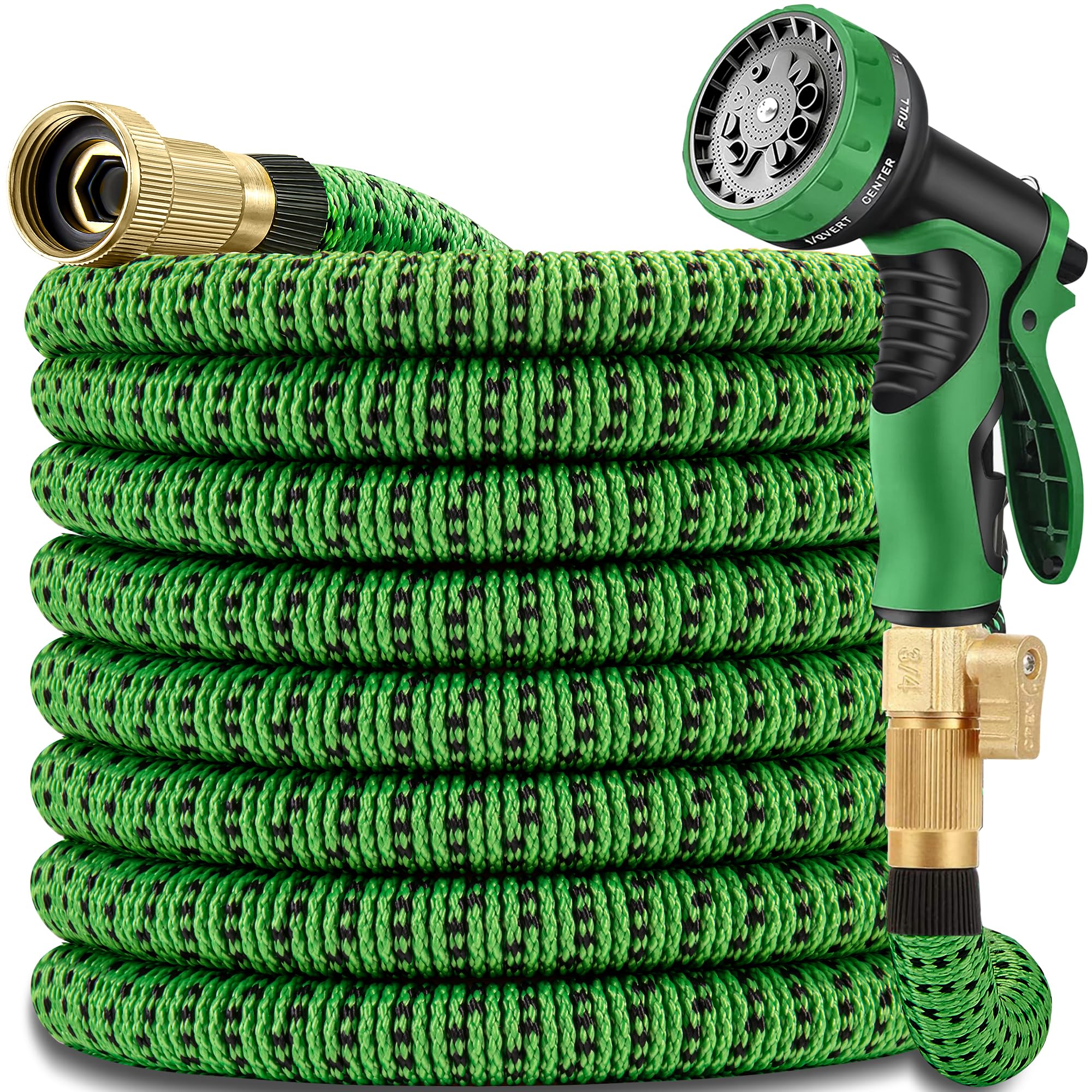 Expandable Garden Hose 75 ft with 10 Patterns Nozzle,No Kink, Flexible Expanding Water Hoses with 3/4" Solid Fittings and 6-Layer Latex Core(Green Black)