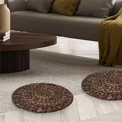 Miniatura 6 de Juego de 6 manteles individuales tejidos rústicos de 12 pulgadas, manteles individuales redondos de tejido de jacinto de agua natural para mesa de