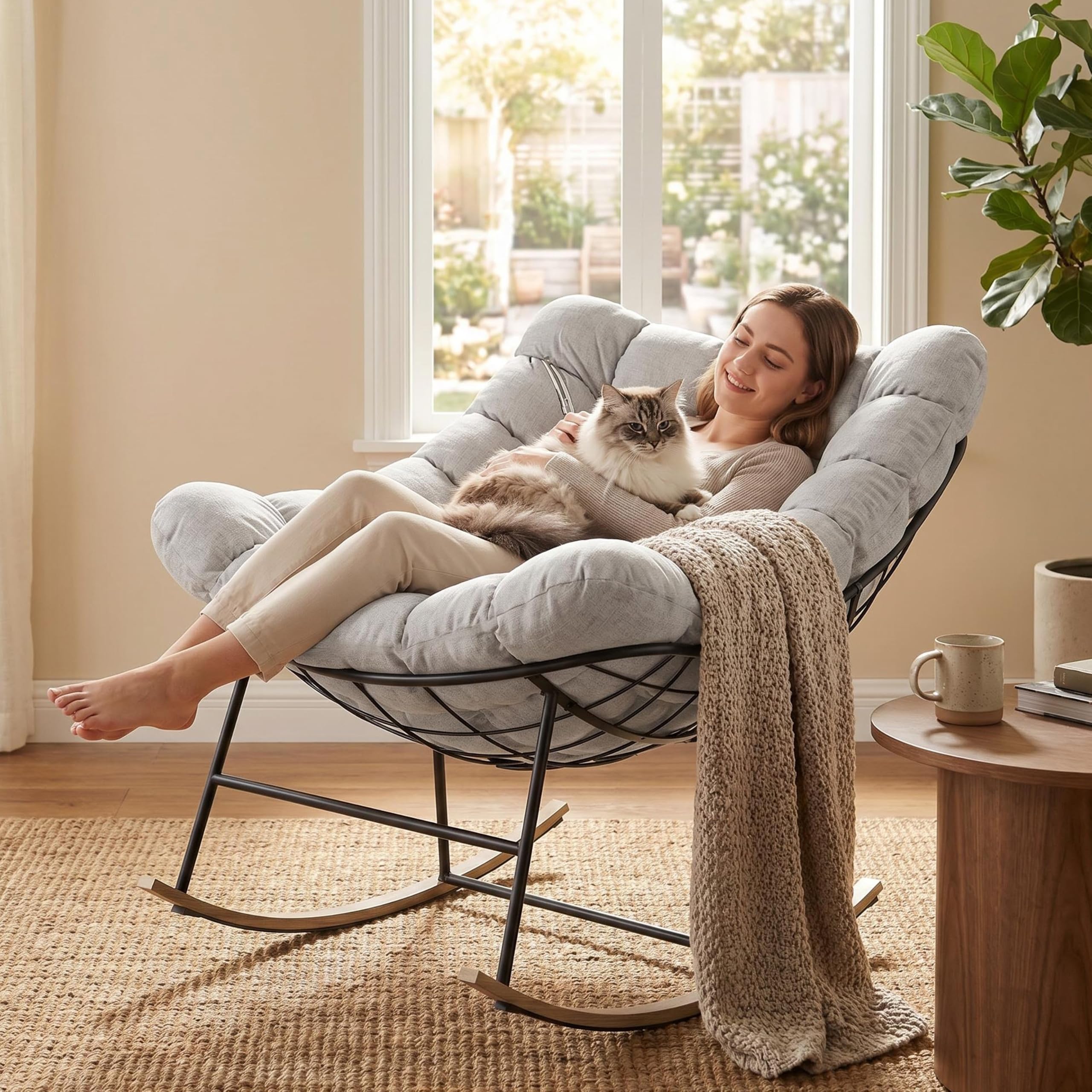 Fiutazge 2 Pezzi Sedia a Dondolo da Esterno,Poltrona Relax Ergonomica a Forma di Uovo per Giardino,Balcone,Veranda e Soggiorno,Portata 180 kg,Beige