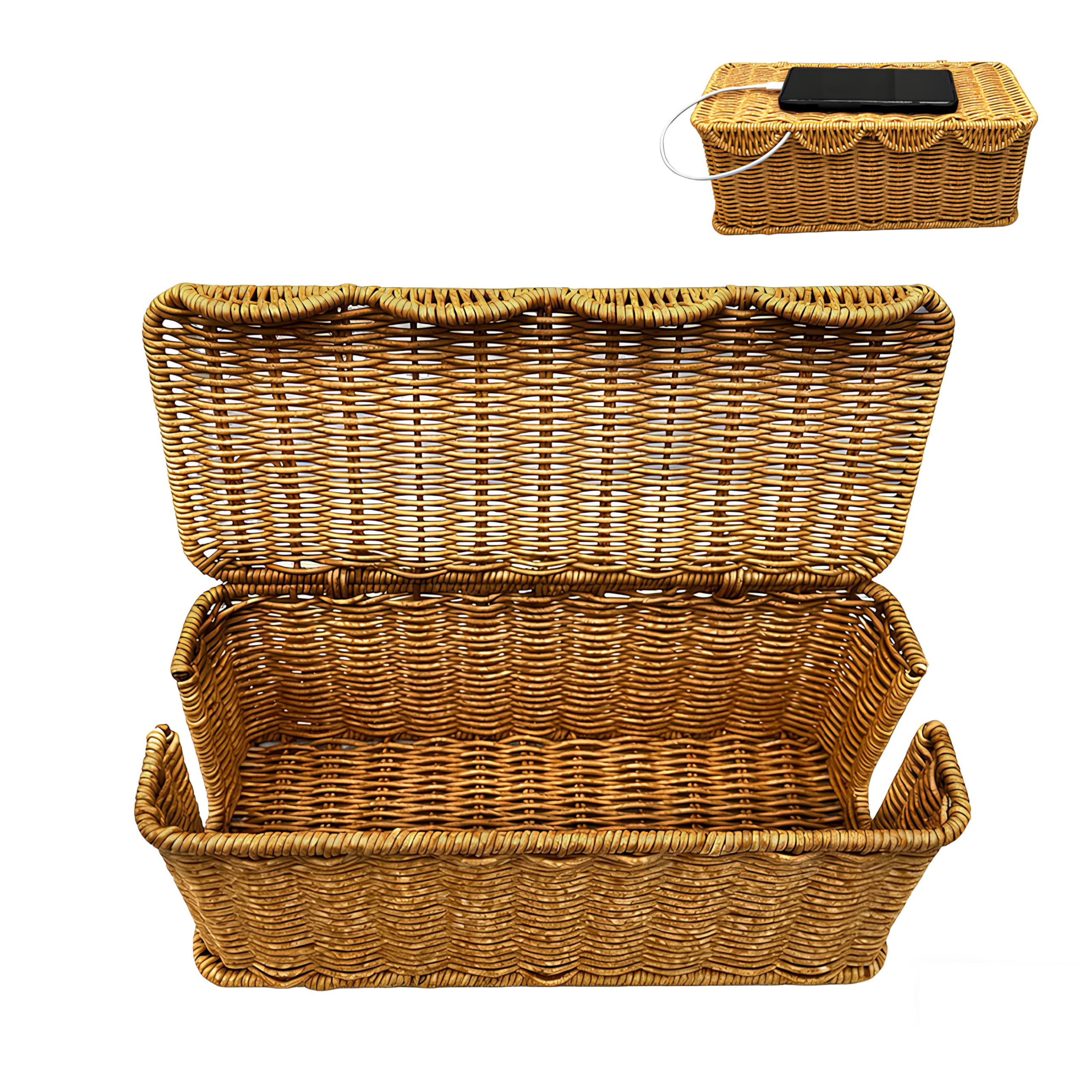 Ecogleam Brown Handmade Cable Management Box Imitation Rattan Cable Tidy Organizer Box With Lid Open Slots Under Desk Cord Organizer To Hide Power Strips & Cords And Cover Floor Tv Wires Computer Usb Hub