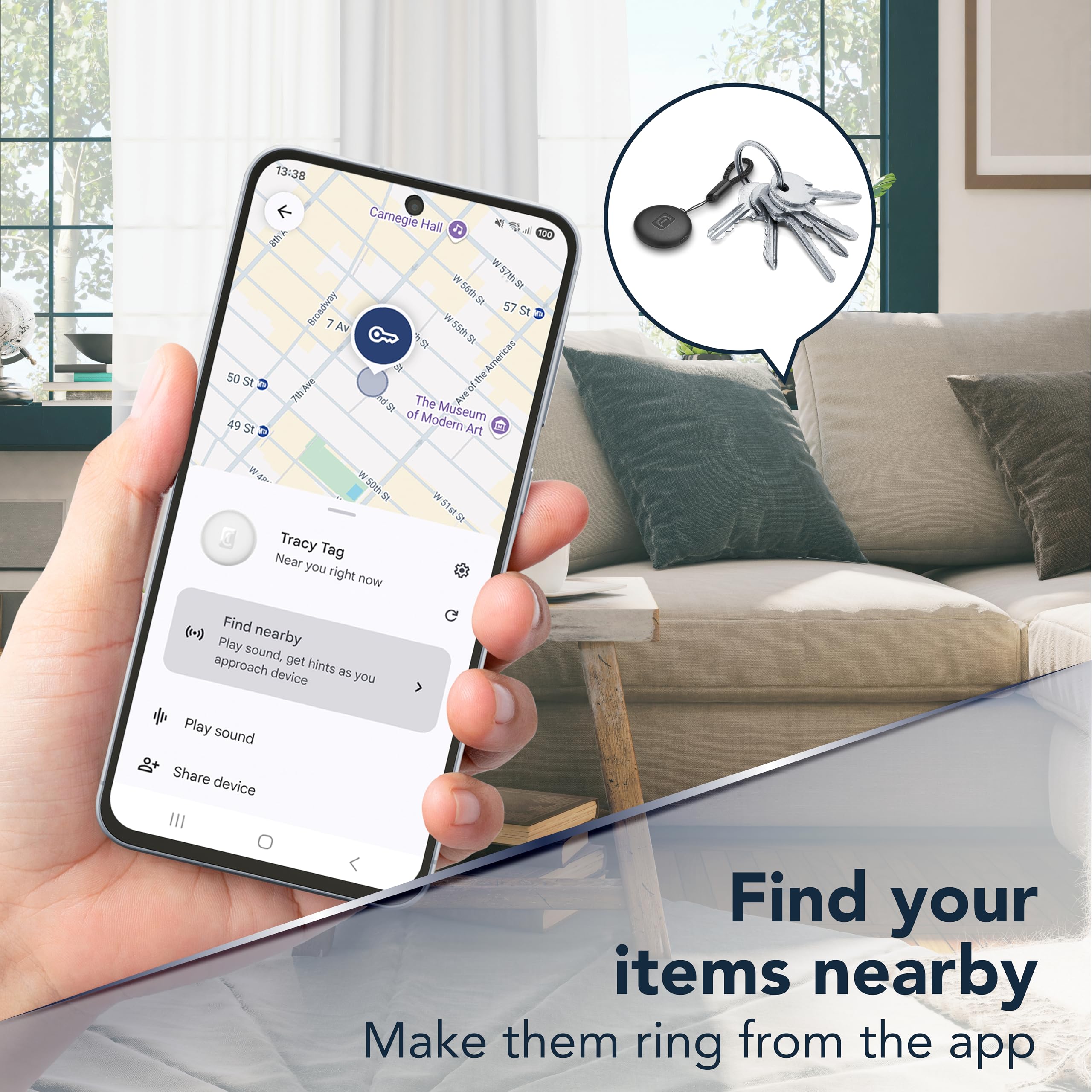 Cellularline TRACY TAG Blu per Android, Mini Smart Tracker con App Trova il Mio Dispositivo di Google, Compatibile con Accessori AirTag, Batteria Sostituibile