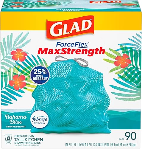 Glad ForceFlex MaxStrength - Bolsas de basura para cocina, 13 galones, Bahama Bliss Febreze, 90 unidades (el paquete puede variar)