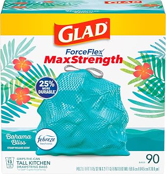 Glad ForceFlex MaxStrength Tall Kitchen Trash Bags, Rip and Tear Resistant, Bahama Bliss Scented Teal Tall Garbage Bags, Odor Control, Febreze Freshness, 13 Gallon, 90 Count