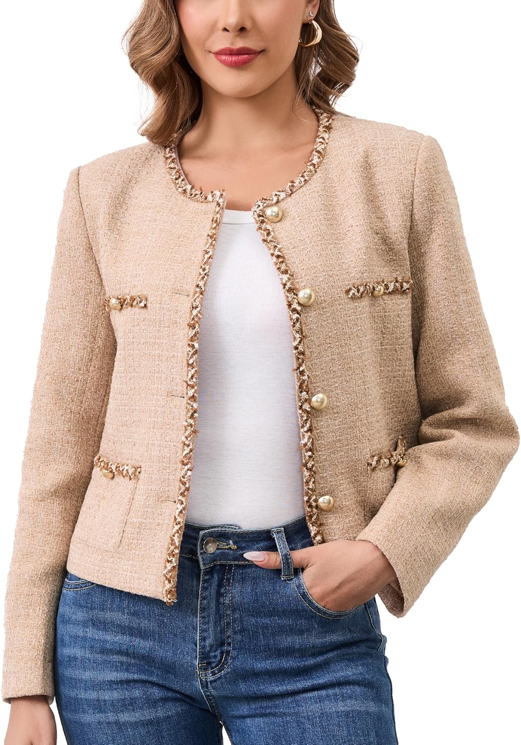 M.Infisavo Womens Tweed Blazer Jacket, Cropped Long Sleeve Blazers with Pockets Crewneck Open Front Collarless