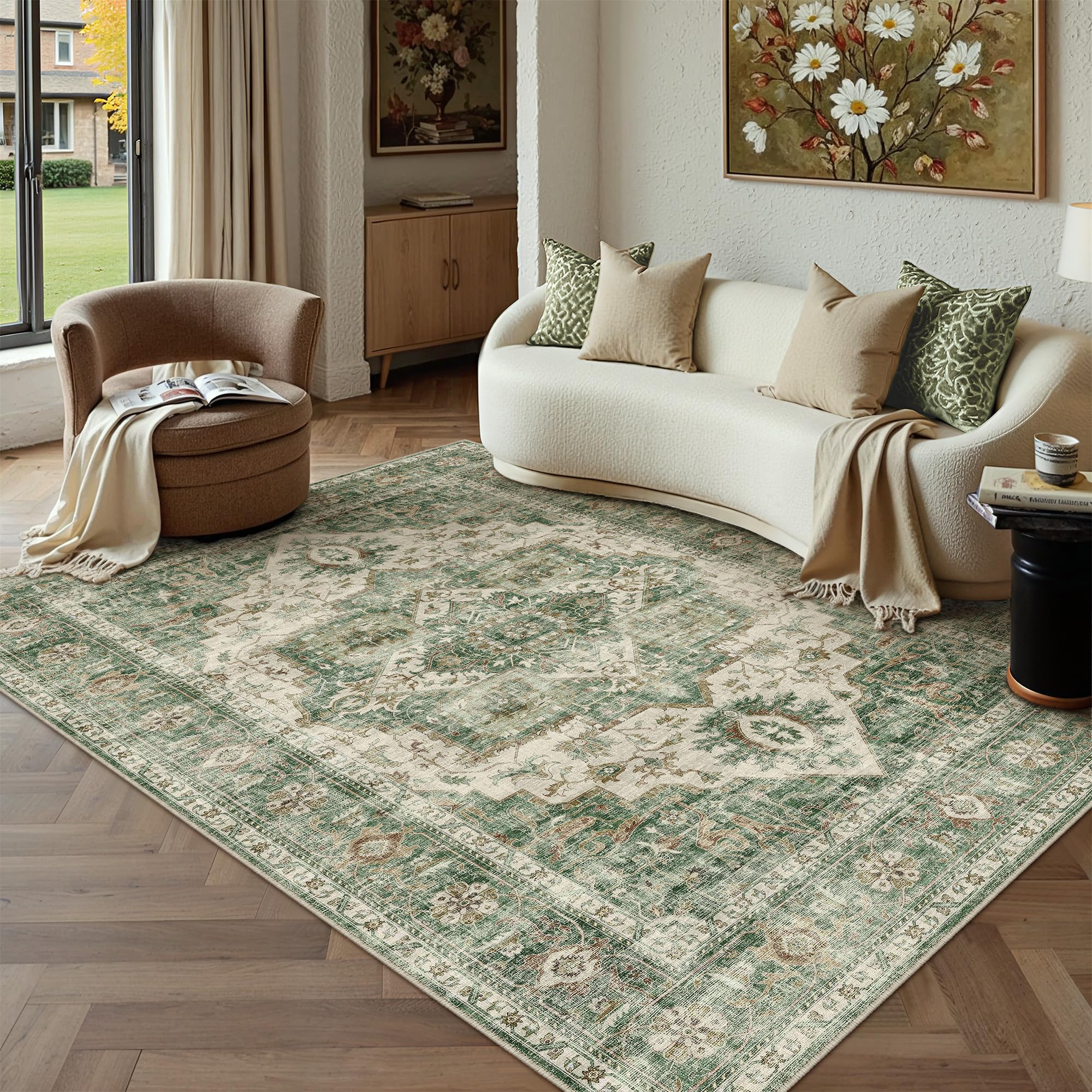 PureCozy Vintage Rugs Living Room 160x230cm Green Area Rug Machine Washable Kids Bedroom Carpet Non Slip Carpets Lounge Nursery Bedside Playroom Office Retro Low Pile Mat