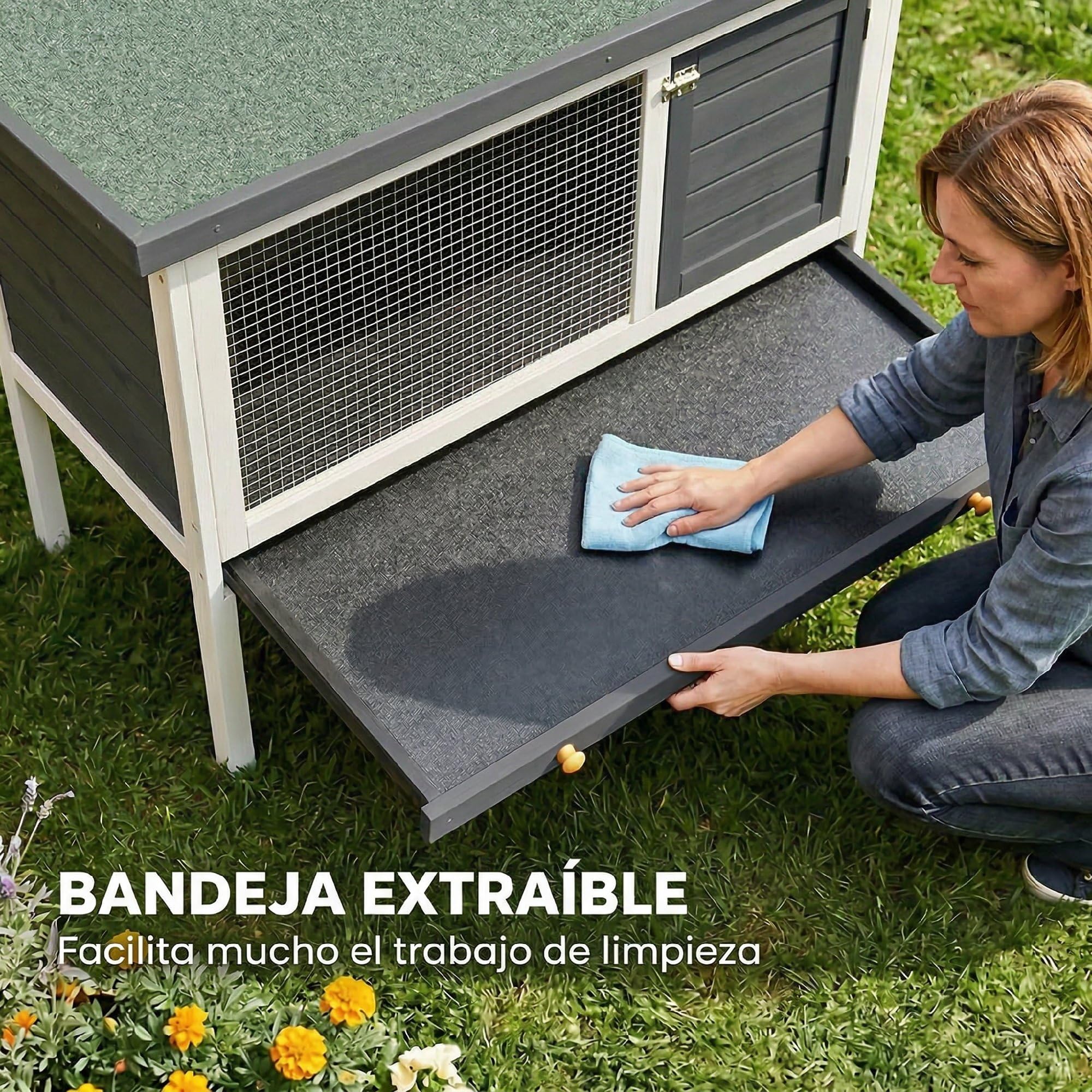 PawHut Conejera de Madera, Jaula para Conejos Medianos con Techo Asfáltico Abatible, Bandeja Extraíble, Puerta con Pestillo, Conejera Elevada Exterior, para Cobayas y Chinchillas, 90x45x65 cm, Gris — view 5