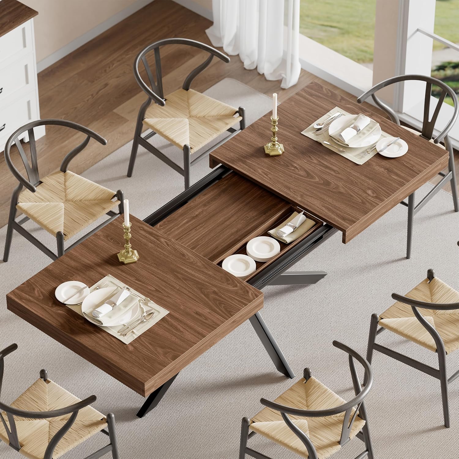 Extendable Dining Room Table for 4 6 8, 55"-70.9" Kitchen Table Rectangle Wood, Expandable Dining Table with Hidden Storage, Space Saving Farmhouse Kitchen Table for Kitchen Dining Living Room