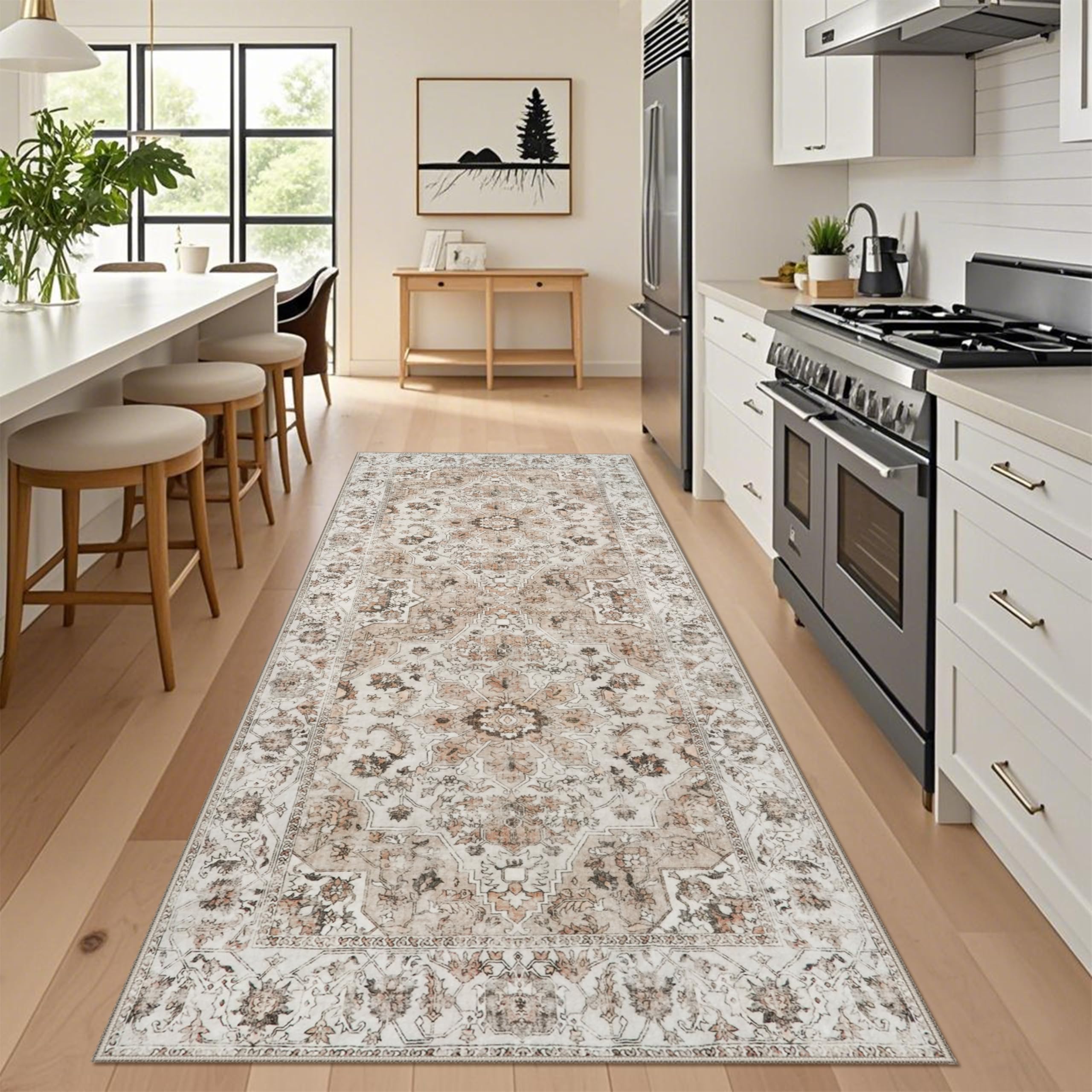 Washable Hallway Runner Rug 4x8: Non Slip Runner Rugs with Rubber Backing Soft Kitchen Rug Farmhouse Distressed Carpet Runner for Living Room Bedroom Bathroom (Beige, 4X8)