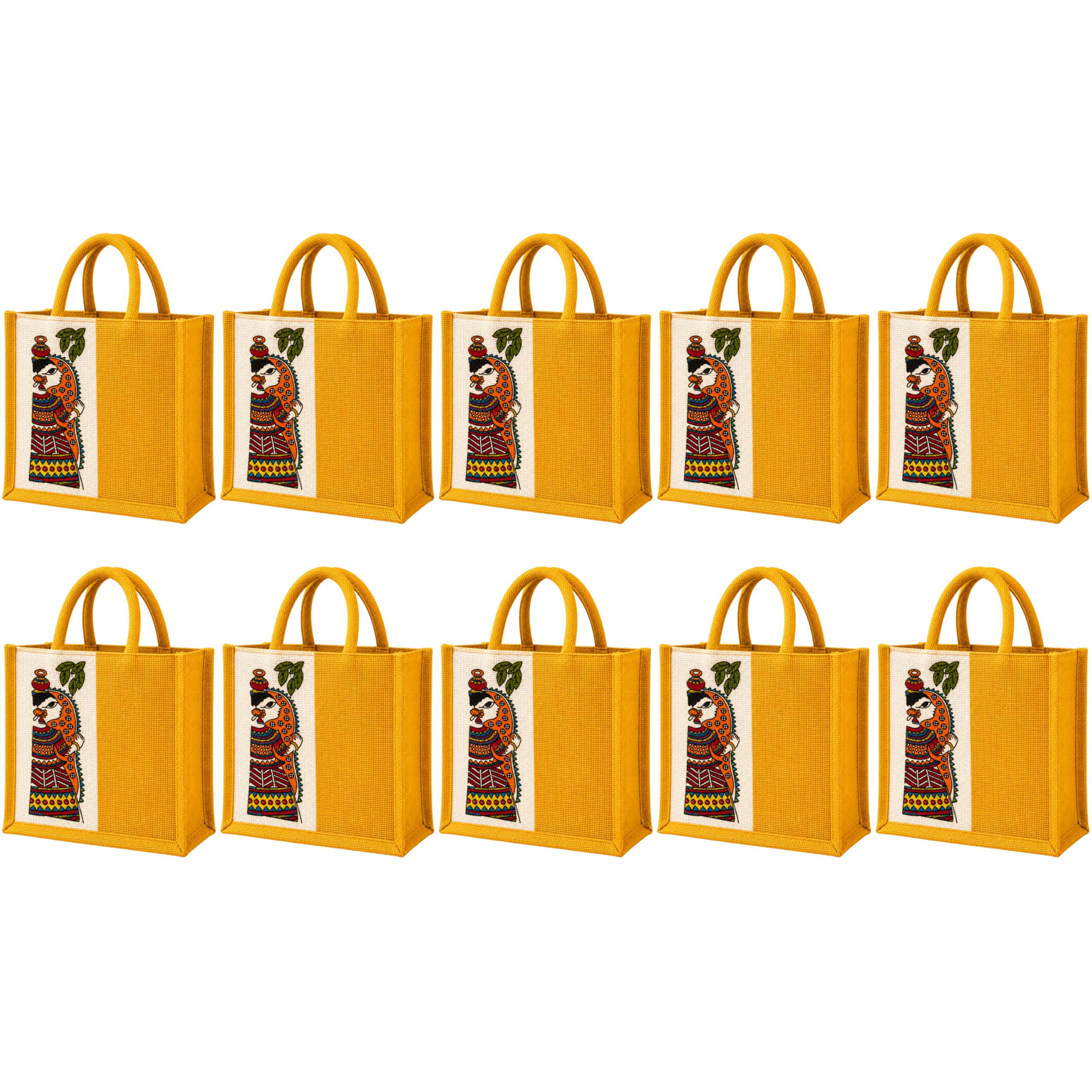 cantainoo Jute Bags for Return Gifts | Return Gift Bags | Eco-Friendly Reusable Jute Bags for Gifting, Shopping & Daily Use (10, Durga - Yellow - Zip)