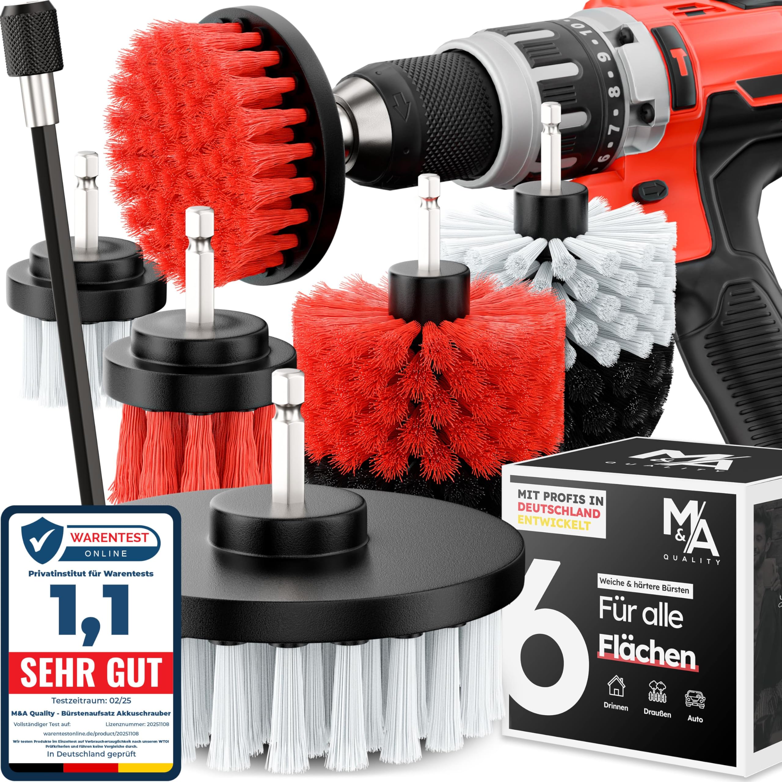 Bürstenaufsatz Akkuschrauber [6er Set] Reinigt universell Auto, Felgen, Polster, Fliesen & mehr I Reinigungsbürste Akkuschrauber I Bürstenaufsatz Bohrmaschine