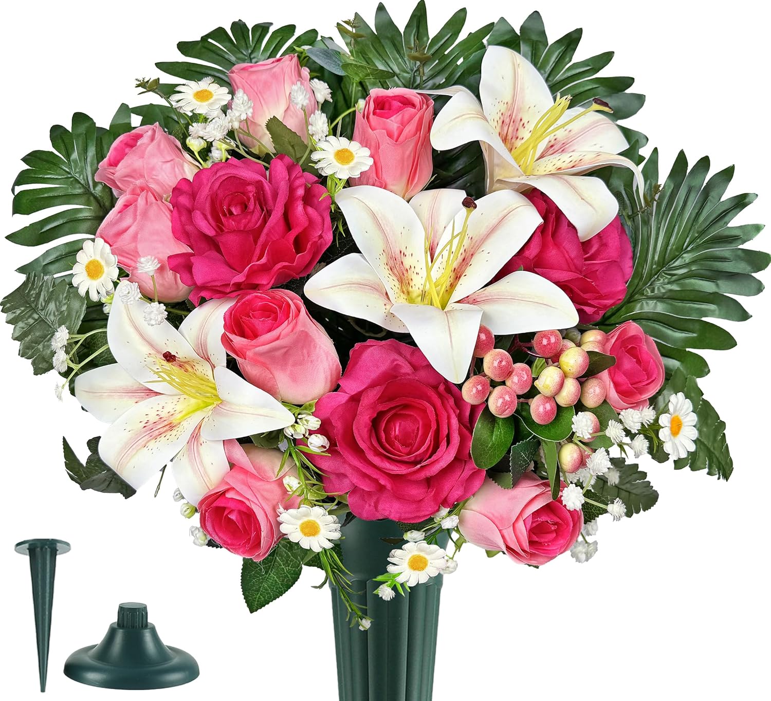 Artificial Cemetery Flowers with Vase for Grave Decoration - Headstones Memorial Flowers Bouquet- Pink Rose Lily Berries Daisy