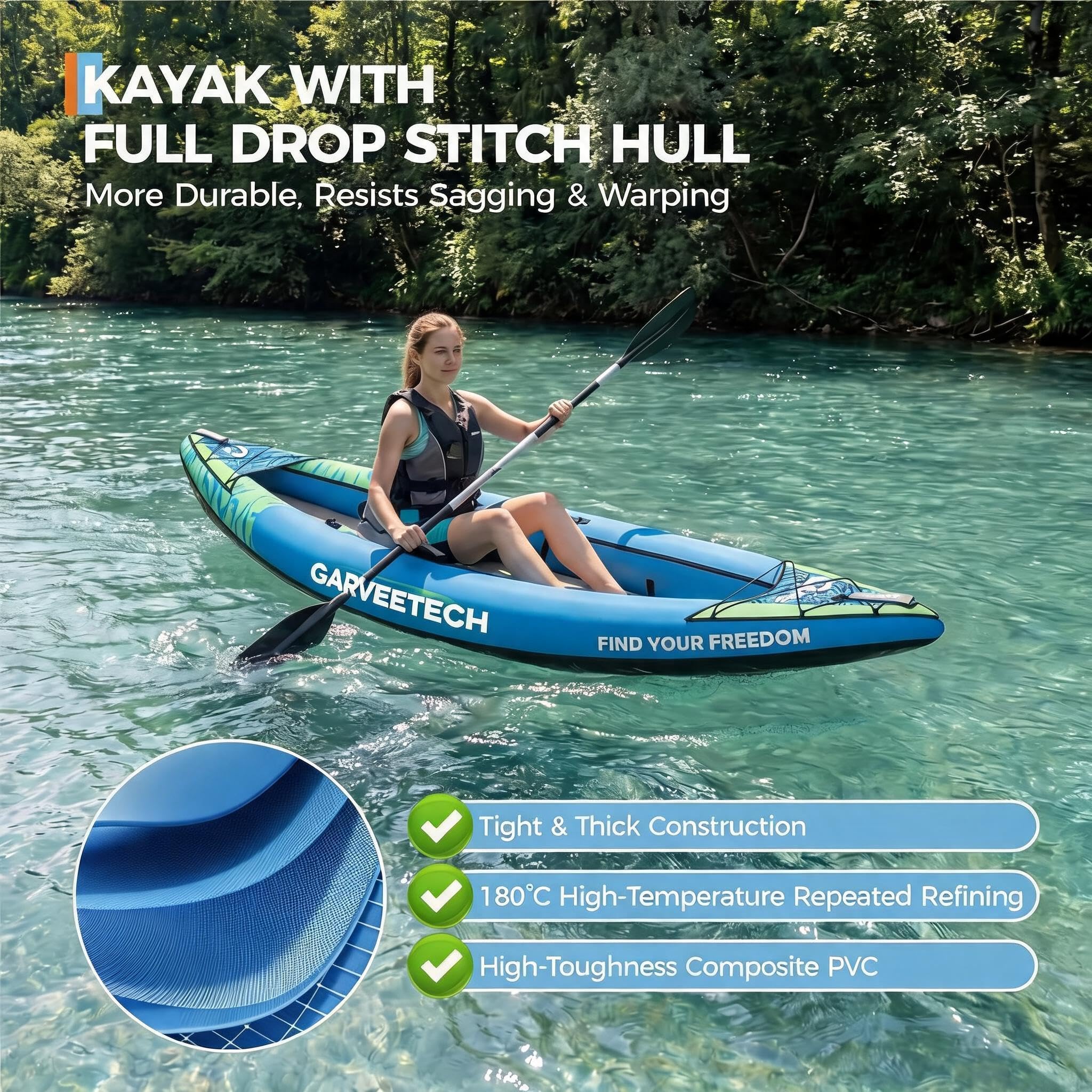 GarveeTech Kayak Inflable 1 Plaza, 900D Antipinchazos, 300x93x40 cm | Kayak inflable 1 plaza, 900D resistente a pinchazos, para lago y río, 300 x 93 x 40 cm