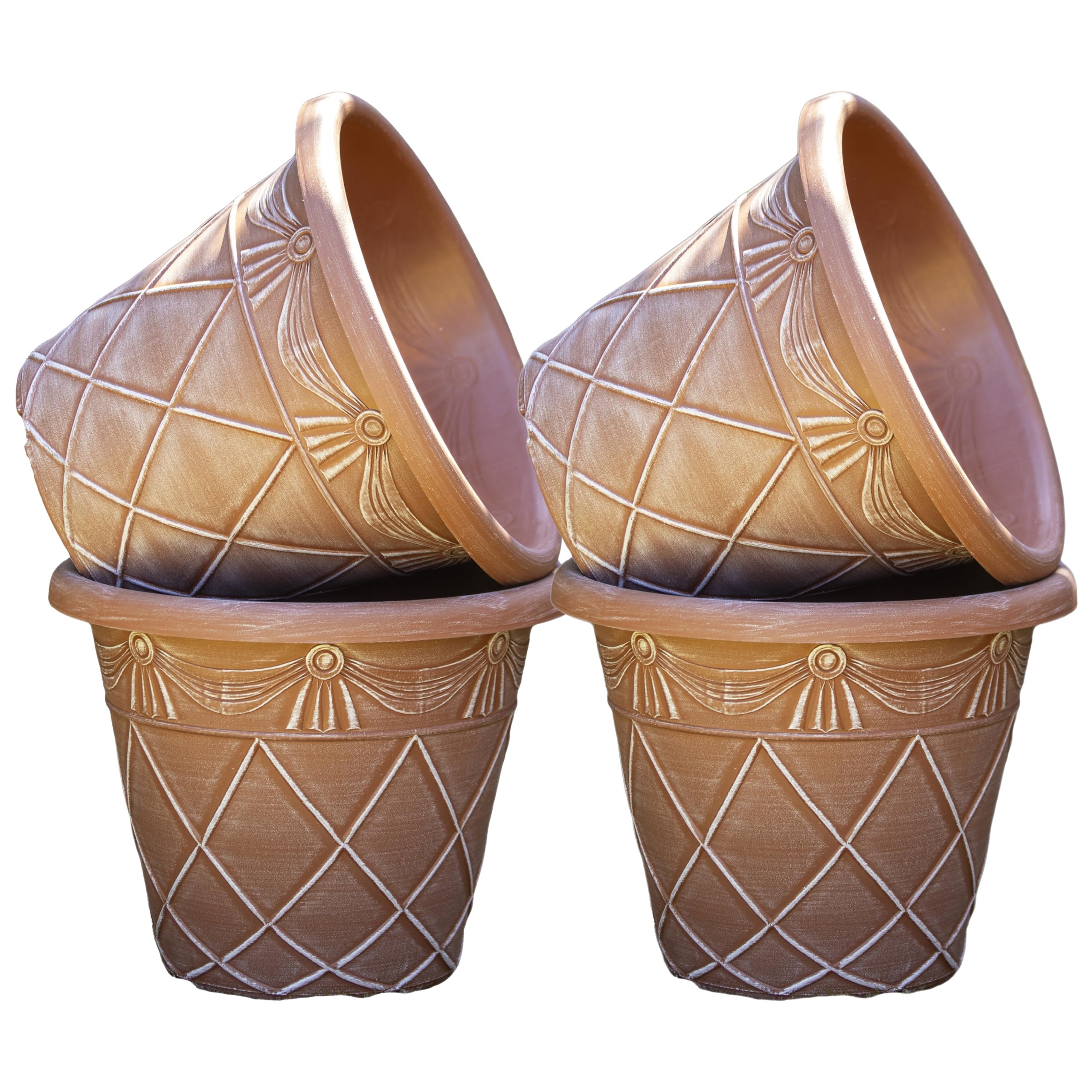Darthome Round Terracotta-Coloured Roman Planter, Plastic, Tuscany-Inspired Pattern, Outdoor Garden Pot, Brown, with Drainage Holes (4, Large 45cm)