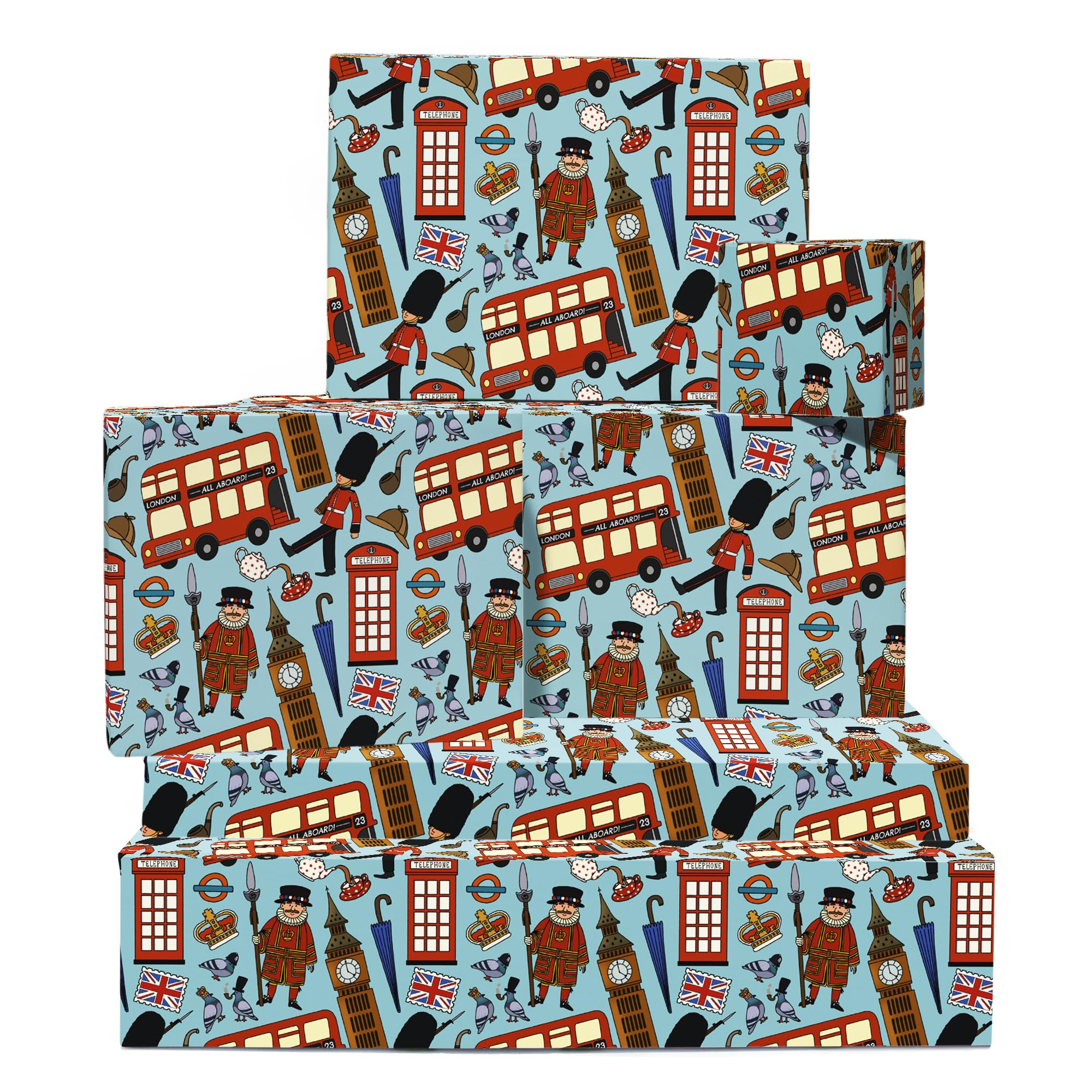 Fun Wrapping Paper - British Flag, London, British Theme - 6 Sheets of Giftwrap for All Ages Family Friends - All Occasion Birthday - Comes With Stickers by Central 23