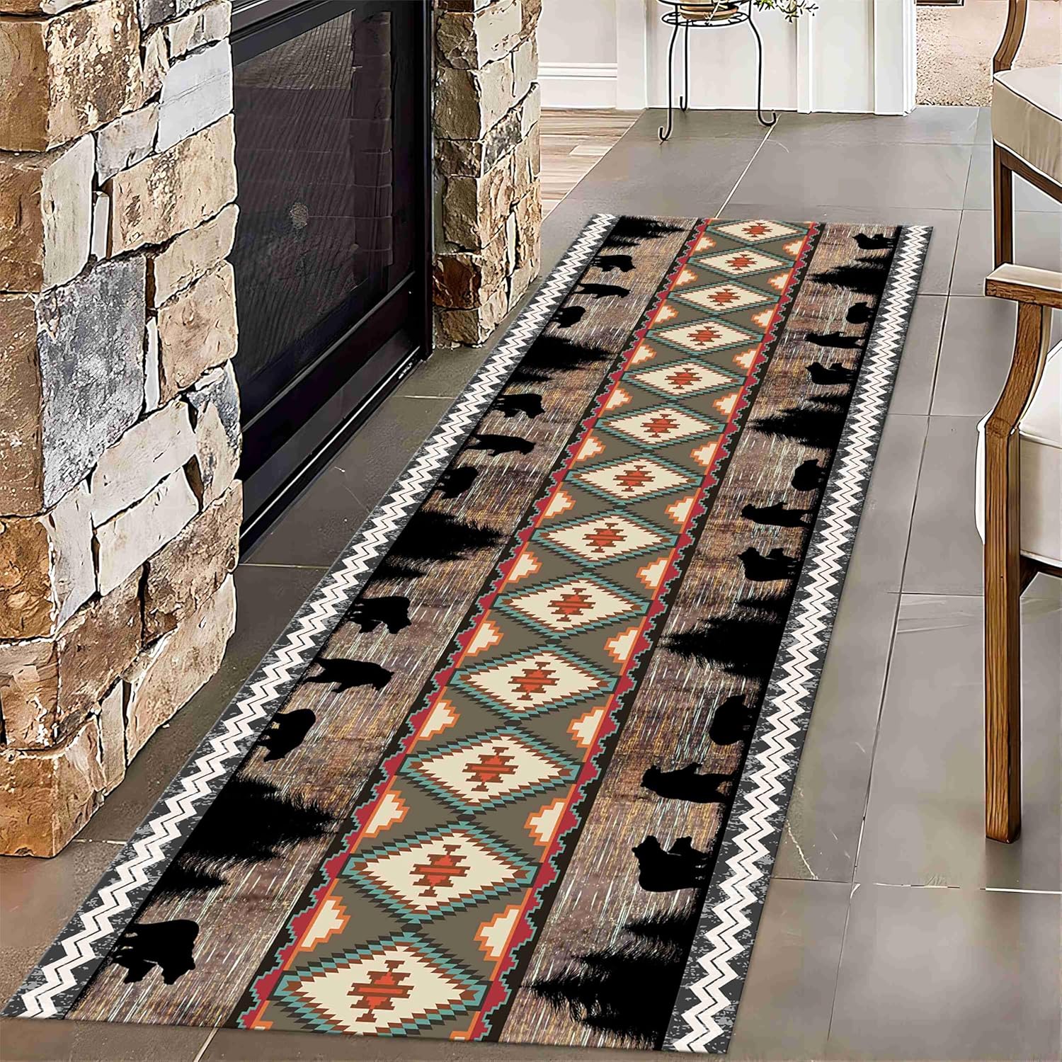 Southwestern Runner Rug, 2x6ft, Rustic Lodge Aztec Country Bear Decorative Runner Rug, Vintage Forest Birch Wild Animal Print Entrance Hallway Rug, Soft Non-Slip Carpet for Living Room Bedroom