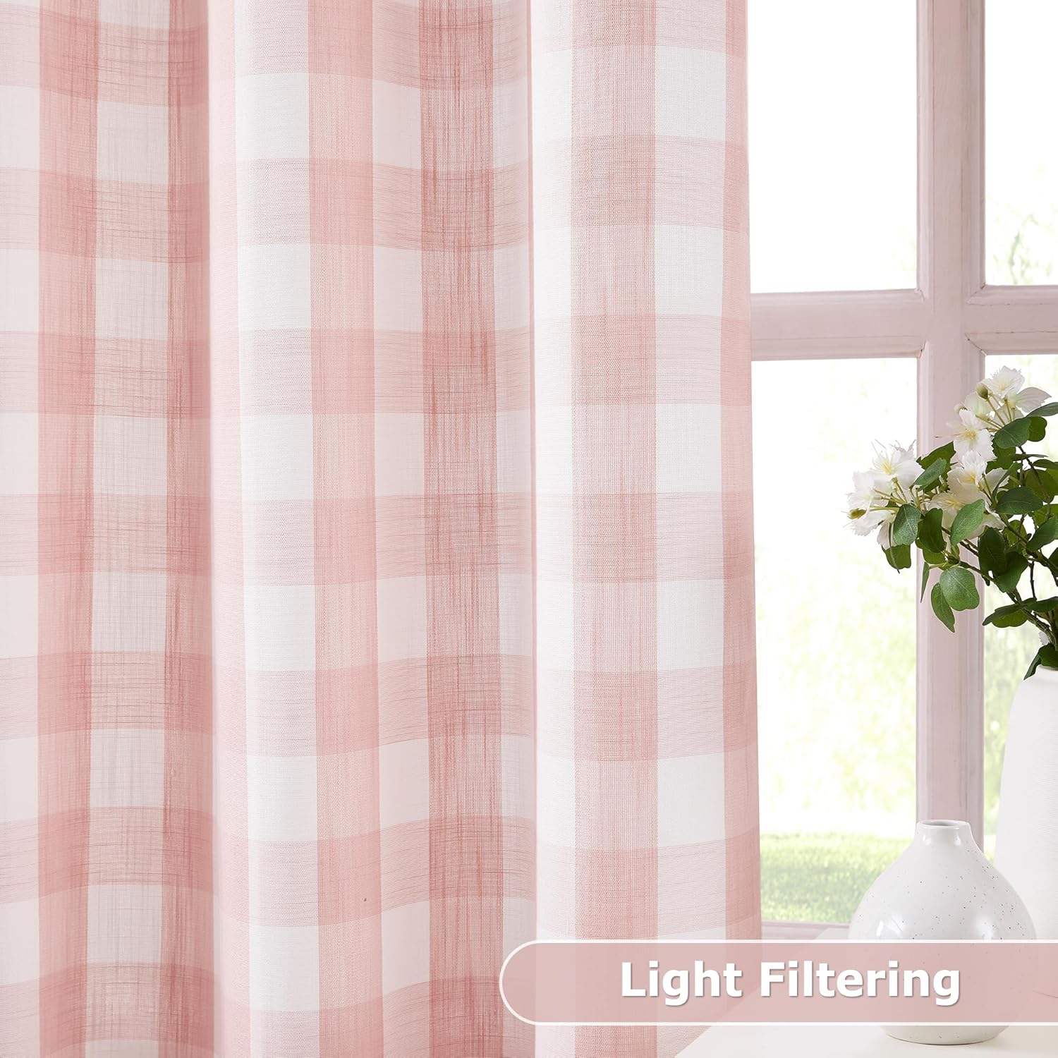 Jubilantex Buffalo Check Semi Sheer Curtain Panels Pink White Gingham Curtains Farmhouse Grommet Window Drapes for Living Room Bedroom 40"x84",2 Panels