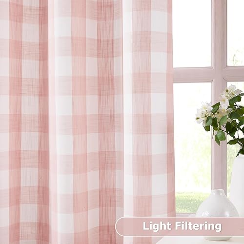 Vista 33 de Jubilantex Paneles de cortina semitransparentes a cuadros rojos y blancos, cortinas texturizadas a cuadros, cortinas de ventana de granja con ojales
