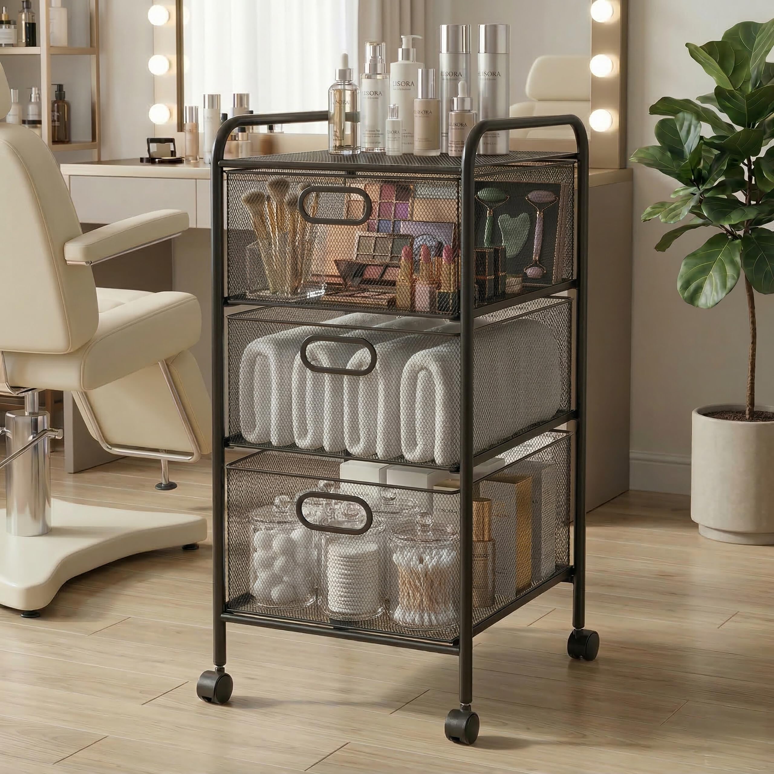 Relaxdays Carrello, 3 cassetti, metallo, AxLxP: 63 x 33 x 31,5 cm, 4 ruote, bagno, cucina, carrello multiuso, nero