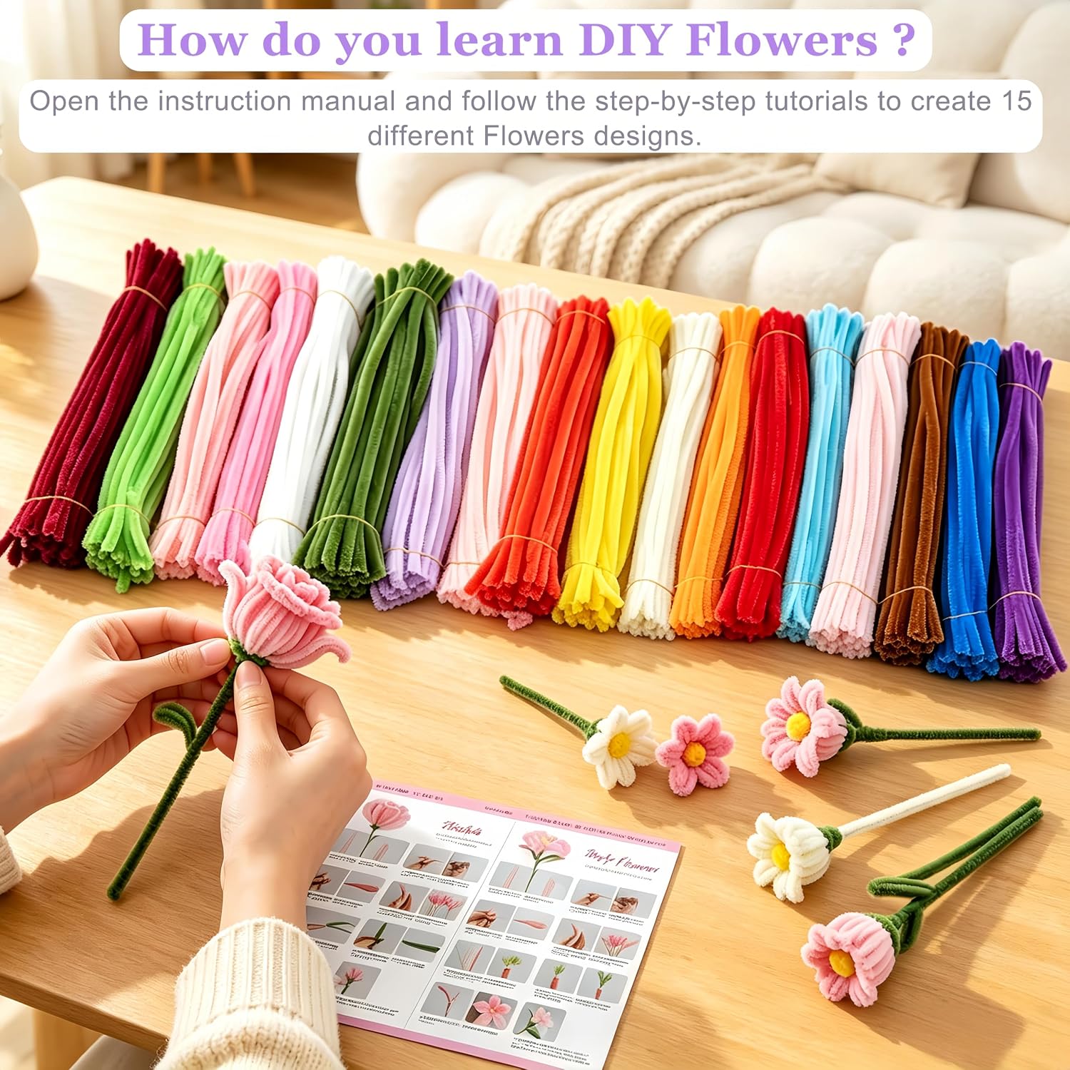 Cuintms 1000 PCS Pipe Cleaner Flower Kit, DIY Flower Bouquet Making Kit, 18 Beautiful Colors with Stems Flower, Tape, Stamen, Floral Wrapping Paper & Ribbon for Teen Girls and Craft Lovers