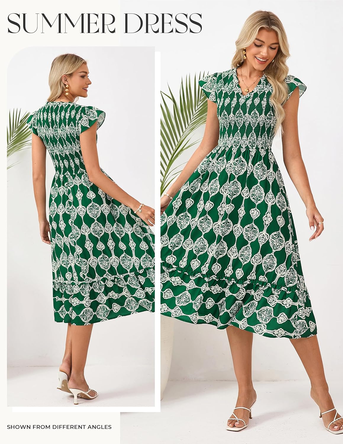 GRACE KARIN 2026 Summer Casual Dresses for Women,Flutter Short Sleeve Wedding Guest Dresses,V Neck Smocked Tiered Midi Dress - Image 2