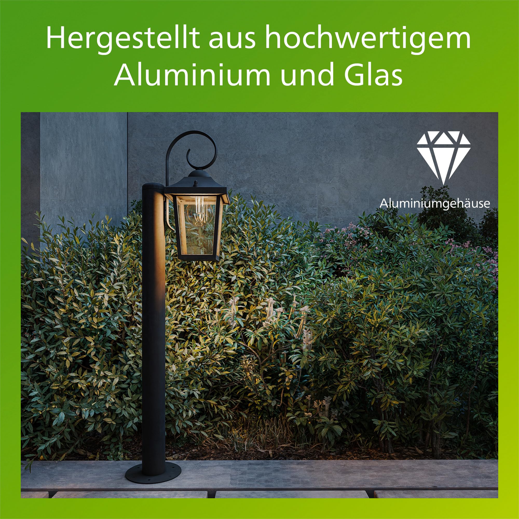 Philips Buzzard Außen-Sockelleuchte + E27 LED-Lampe, warmweißes Licht, IP44-wetterfest, langlebig, Aluminium, klassisches Design, schwarz