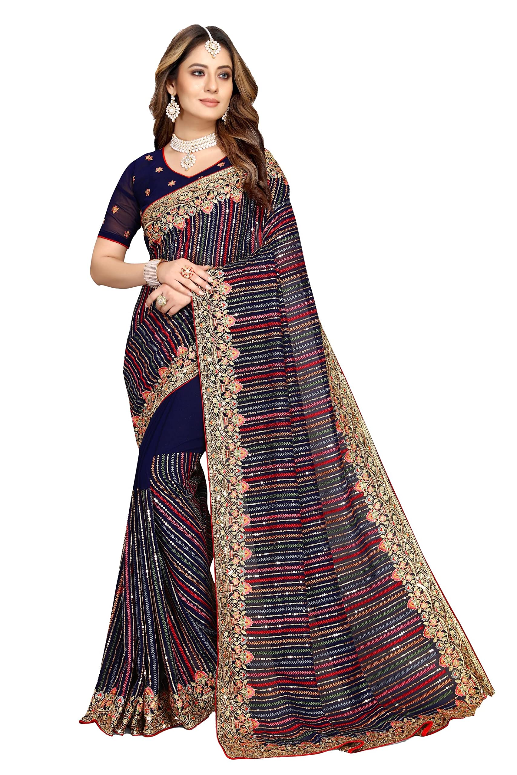 Women's Sequence Work Georgette Saree with Unstitched Blouse Piece