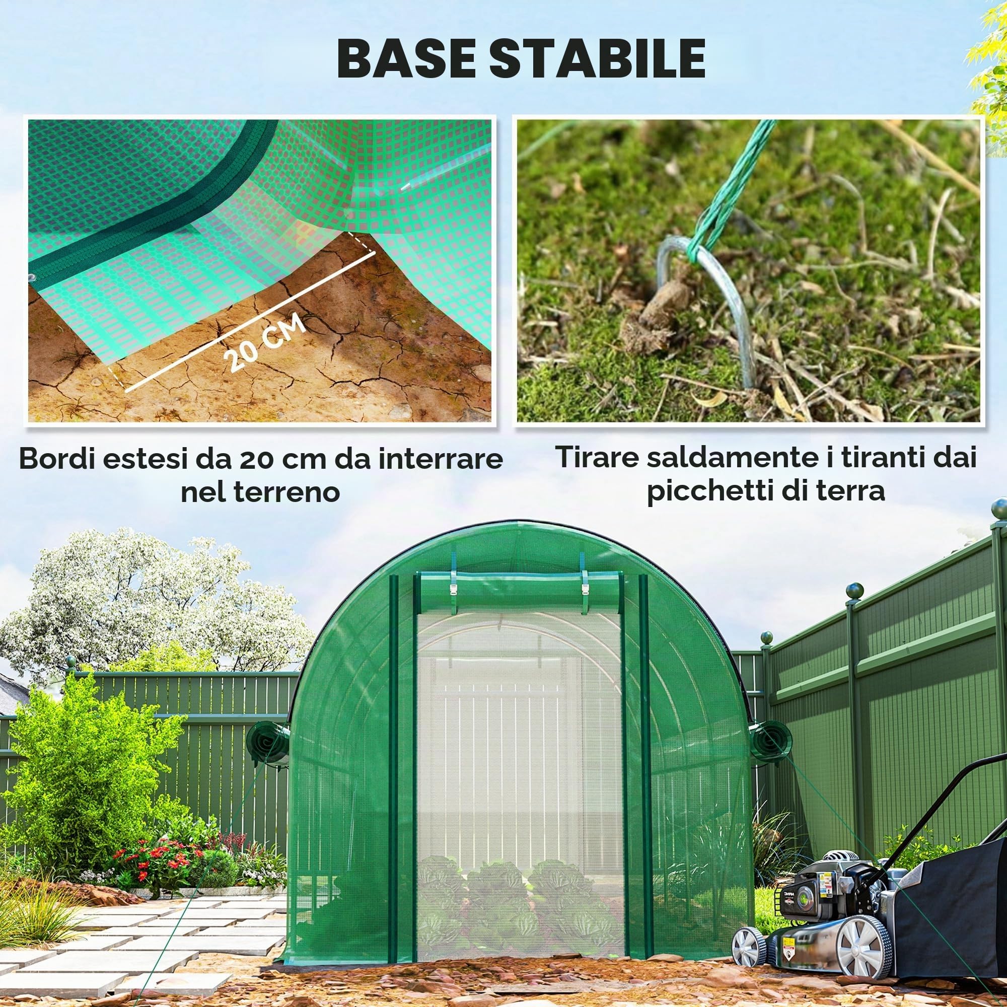 Outsunny Serra esterna 4,5x2x2m con copertura extra Tunnel Verde | Pareti laterali arrotolabili, 8 finestre a rete, doppia porta arrotolabile, per giardino patio