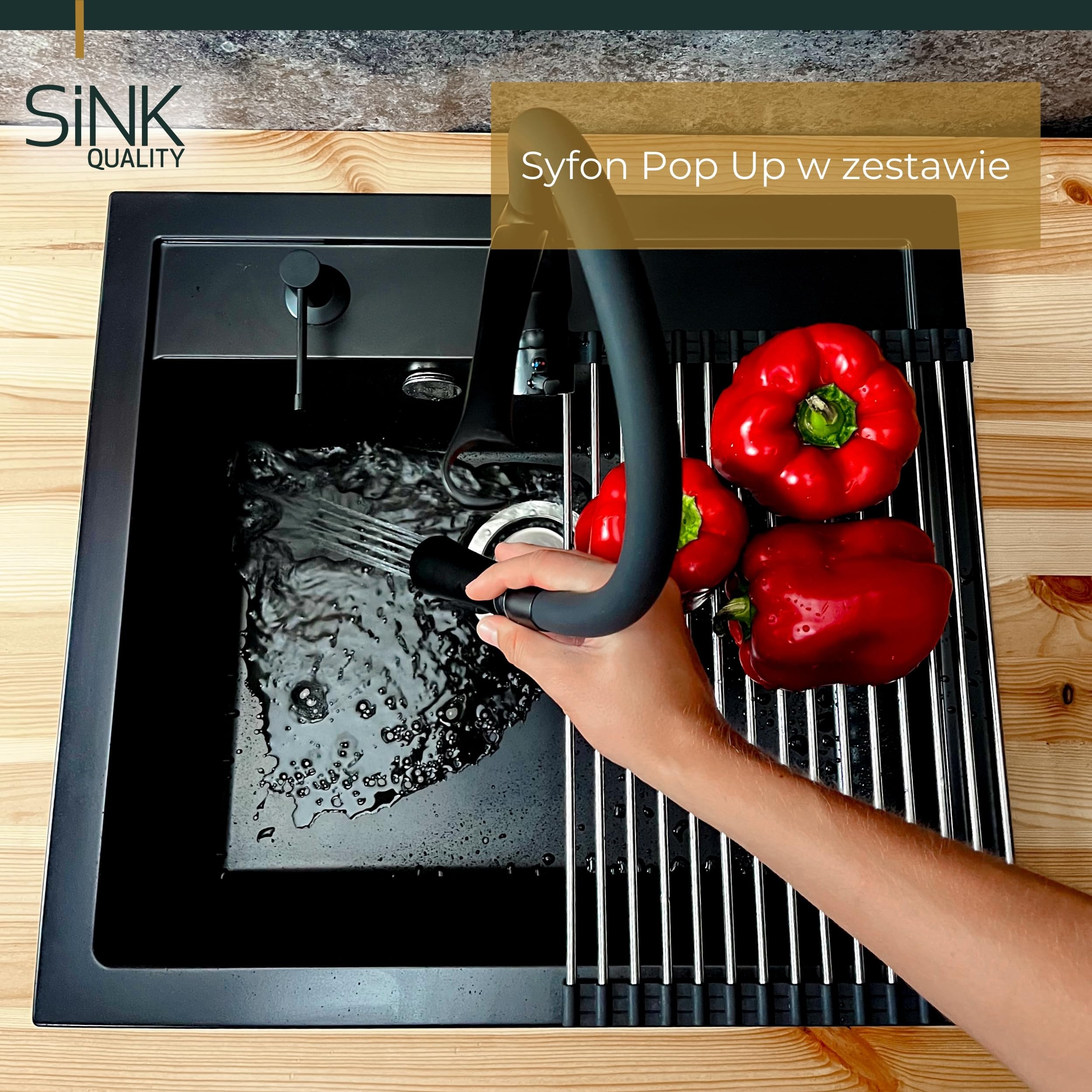 SINK Quality Zlewozmywak Jednokomorowy Czarny 56x51 cm - W zestawie syfon z Pop Up i impregnat - Granitowy Zlew Kuchenny do szafki o szerokości od 60 cm