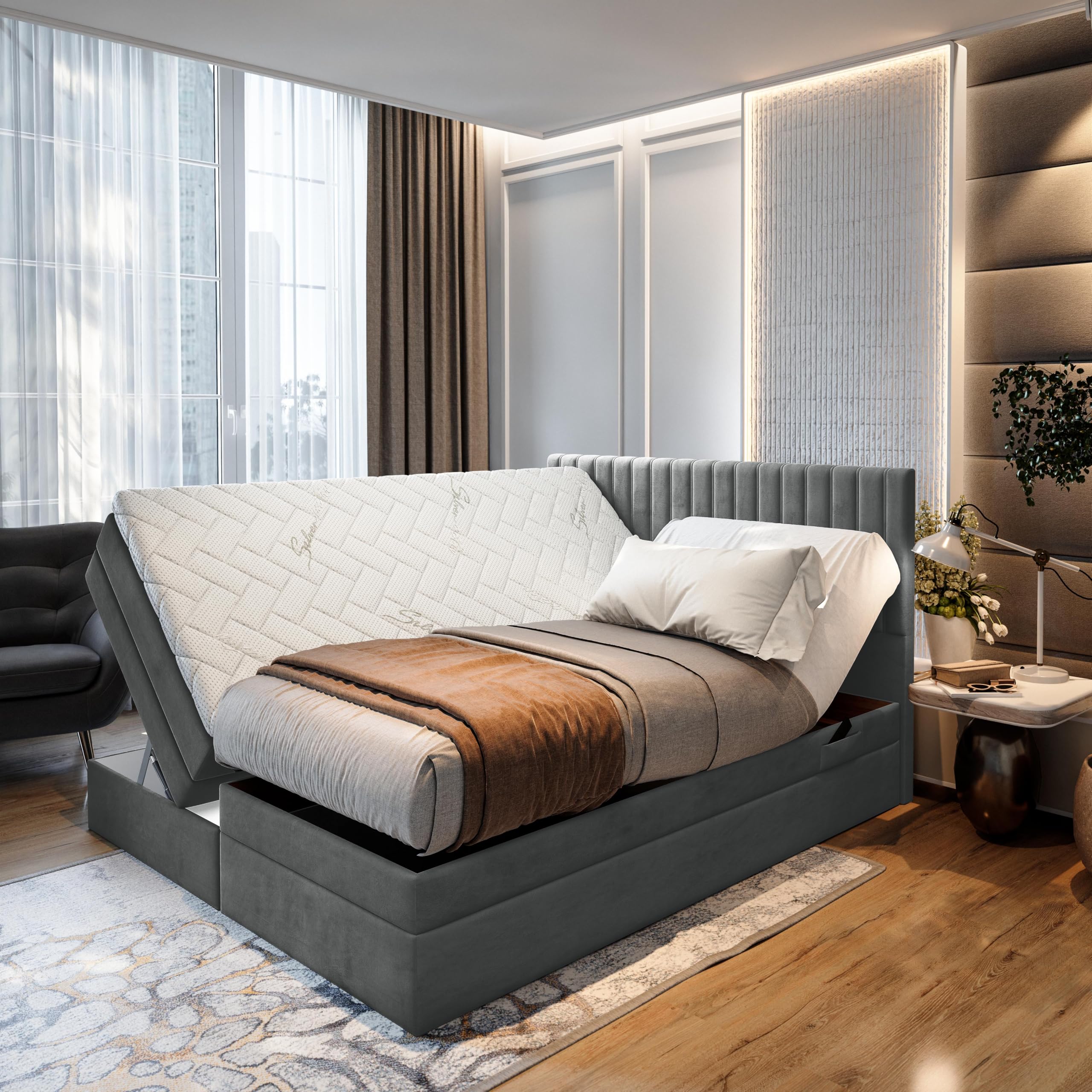 TRADA Lit Adulte ADÈLE - Ensemble Matelas+sommier Relaxation électrique avec Matelas Ressorts ensachés, Rangement et surmatelas en Tissu Velours (Gris foncé, 160 x 200)