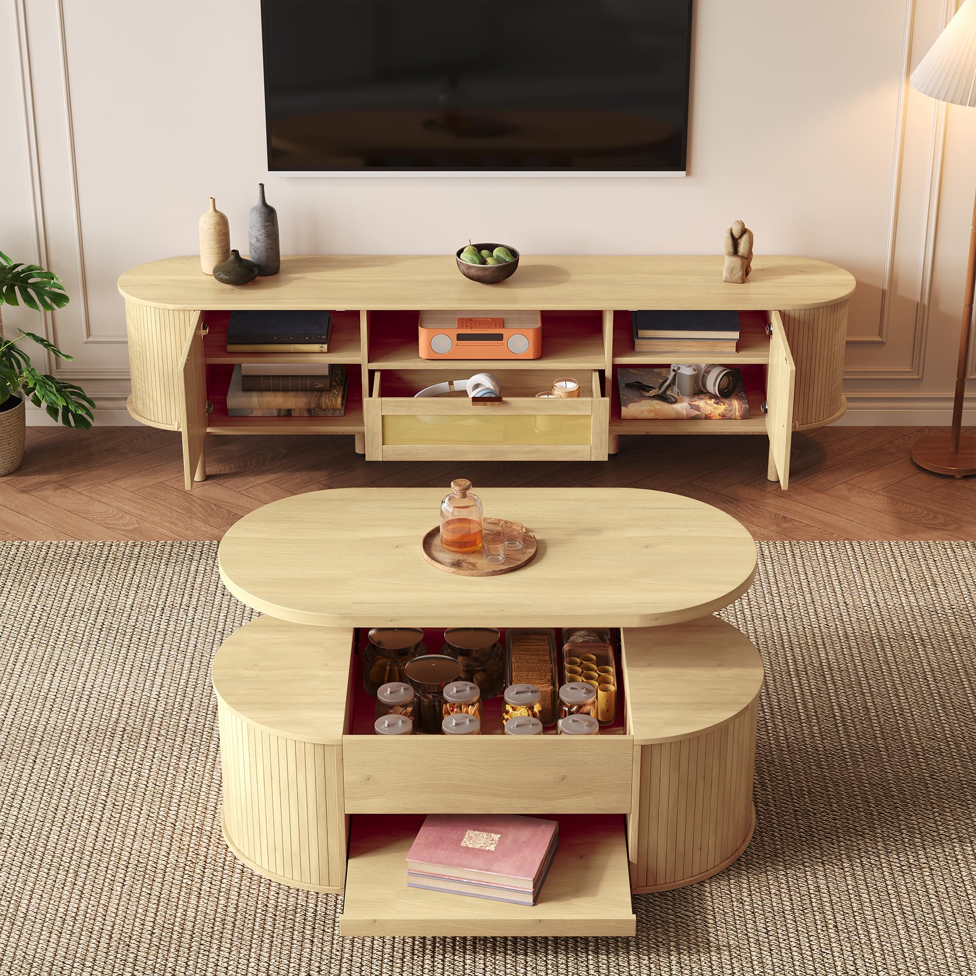 Set de muebles de salón Rosebibi con mesa de centro ajustable en altura y mueble para TV – diseño moderno, espacio de almacenamiento, bordes redondeados – armonía perfecta (mesa de centro+mueble para