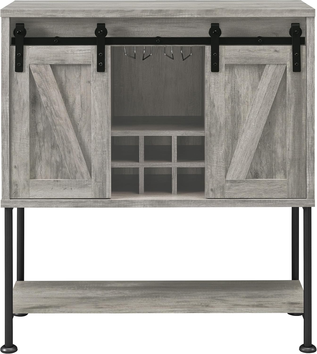 Coaster Home Furnishings - Claremont - Wood and Metal - 39-Inch Farmhouse Wine Cabinet with Sliding Door, Six Bottle Wine Storage - Home Bar & Dining Room - Gray Driftwood and Gunmetal - 183038