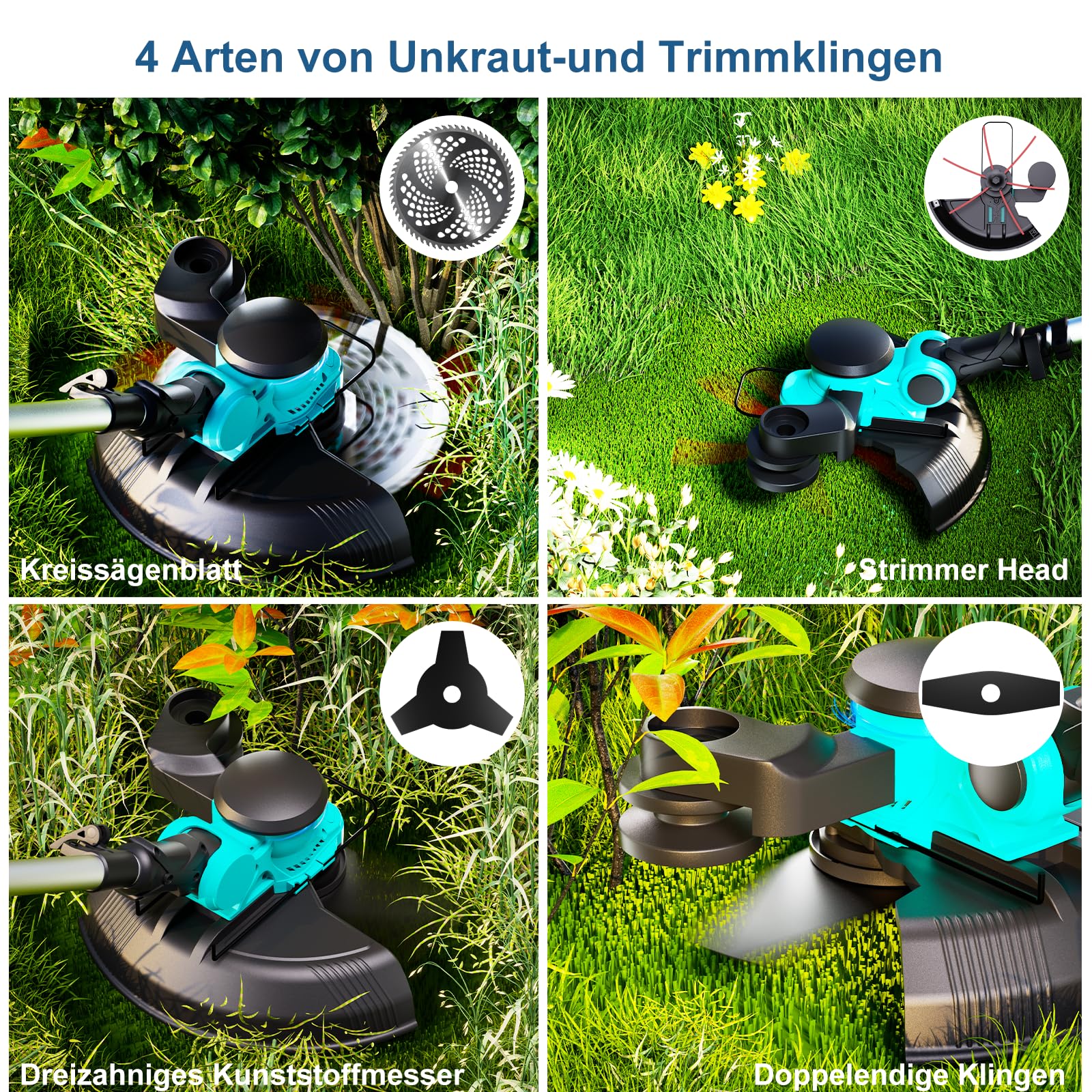 Rasentrimmer 4-in-1-Rasentrimmer, mit Akku 2 x 4000mAh, Ladegerät | 1000W Bürstenloser Motor, 90° drehbarer Trimmerkopf, Flüssigkristallanzeige, Teleskopstiel