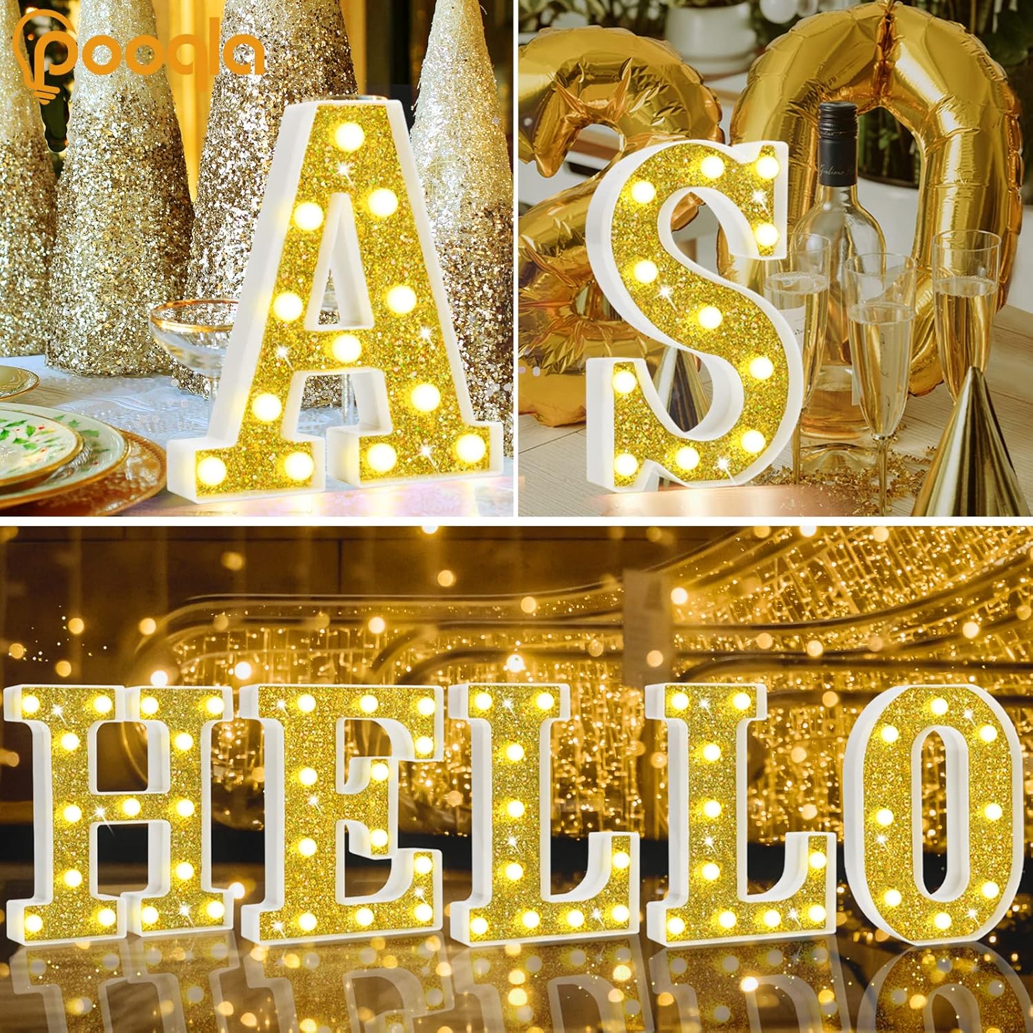Pooqla Letras con luces LED de marquesina doradas, letras iluminadas ...