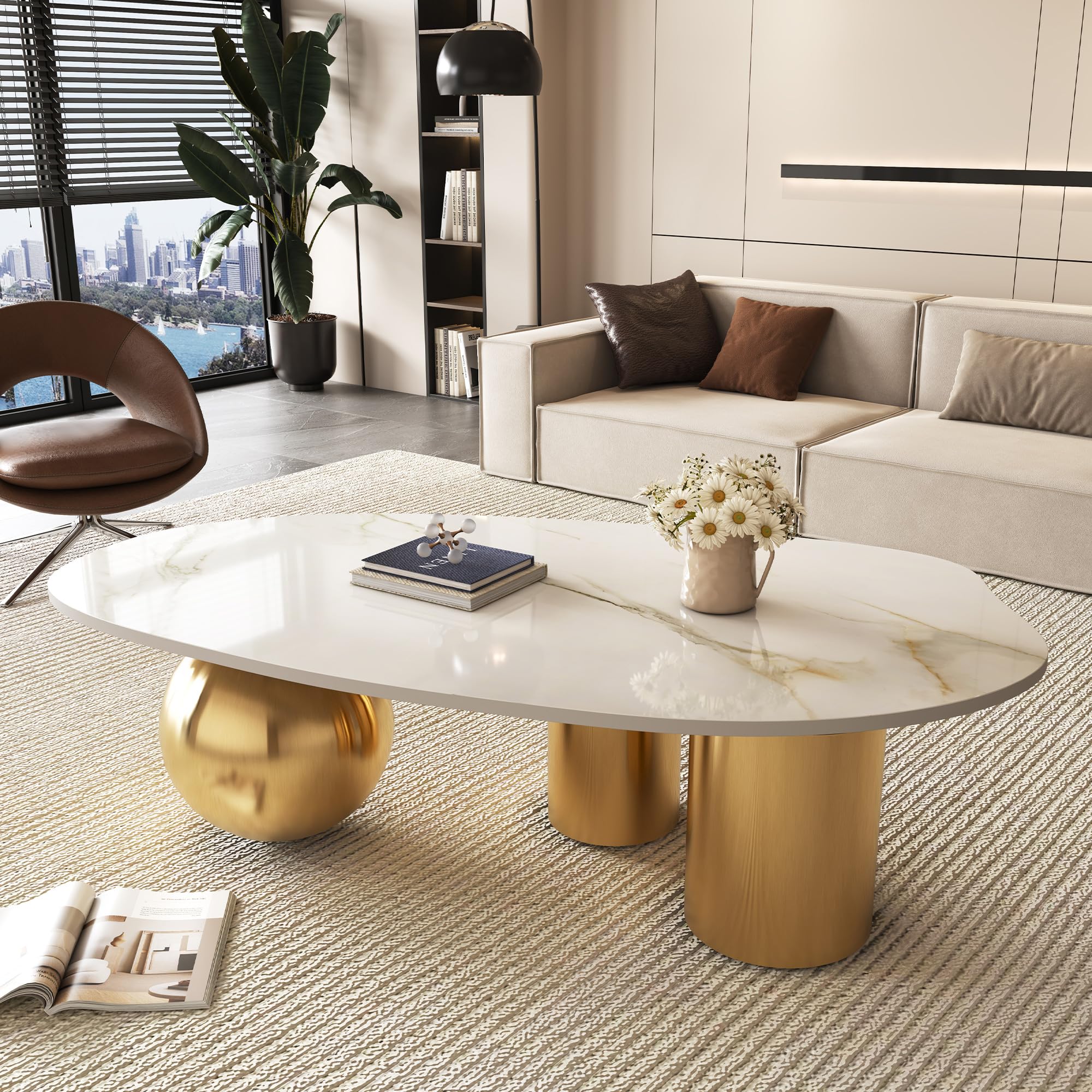 Modern Coffee Table with Gold Stainless Steel Pedestal,Oval