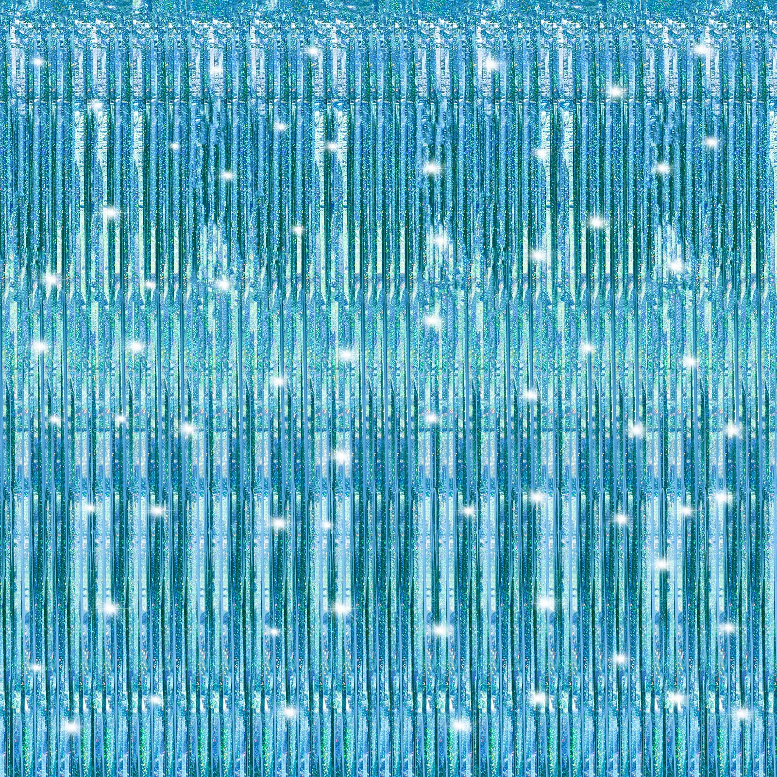 Crosize 2 Pack Laser Blue Party Streamers Backdrop, 3.3 x 9.9 ft | Tinsel Foil Fringe Curtain, Birthday Decorations, Party Decor, Door Streamers, Glitter Photo Backdrop