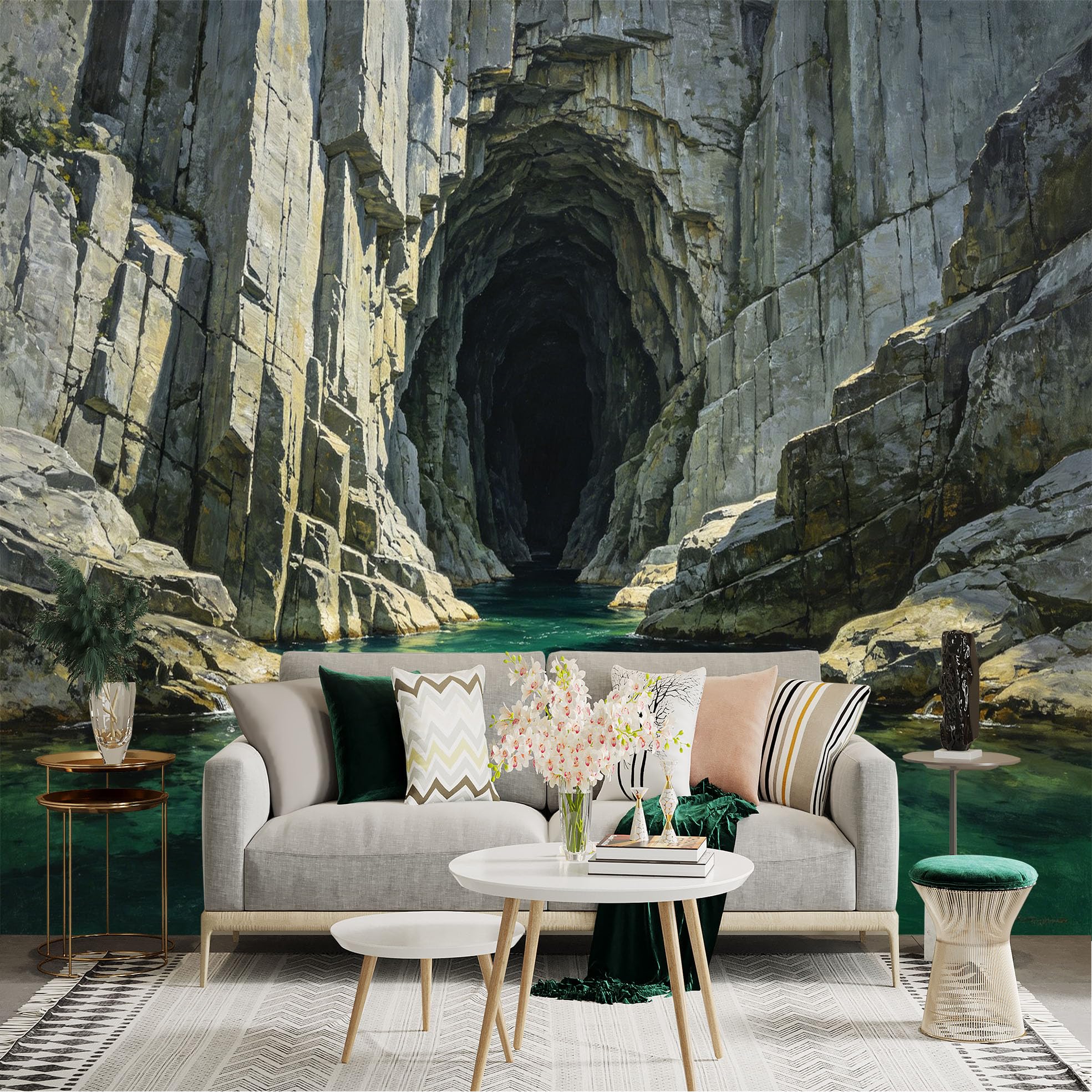Lnzczhyre Dbh260521297 Custom Size Wall Sticker Mural， Mysterious Ocean Sea Cave， Jagged Coastal Rock Cliffs， Deep Green Water Scenery， For Wall Decoration， Peelandstick Wall Decals.