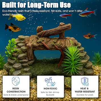Aquarium Decor, Betta Fish Tank Accessories with Plants, Turtle Tank Decorations, Large Aquarium Ornaments, Fish Hideout, Decorative Accessories for Freshwater & Saltwater Tanks (Grass Bridge)
