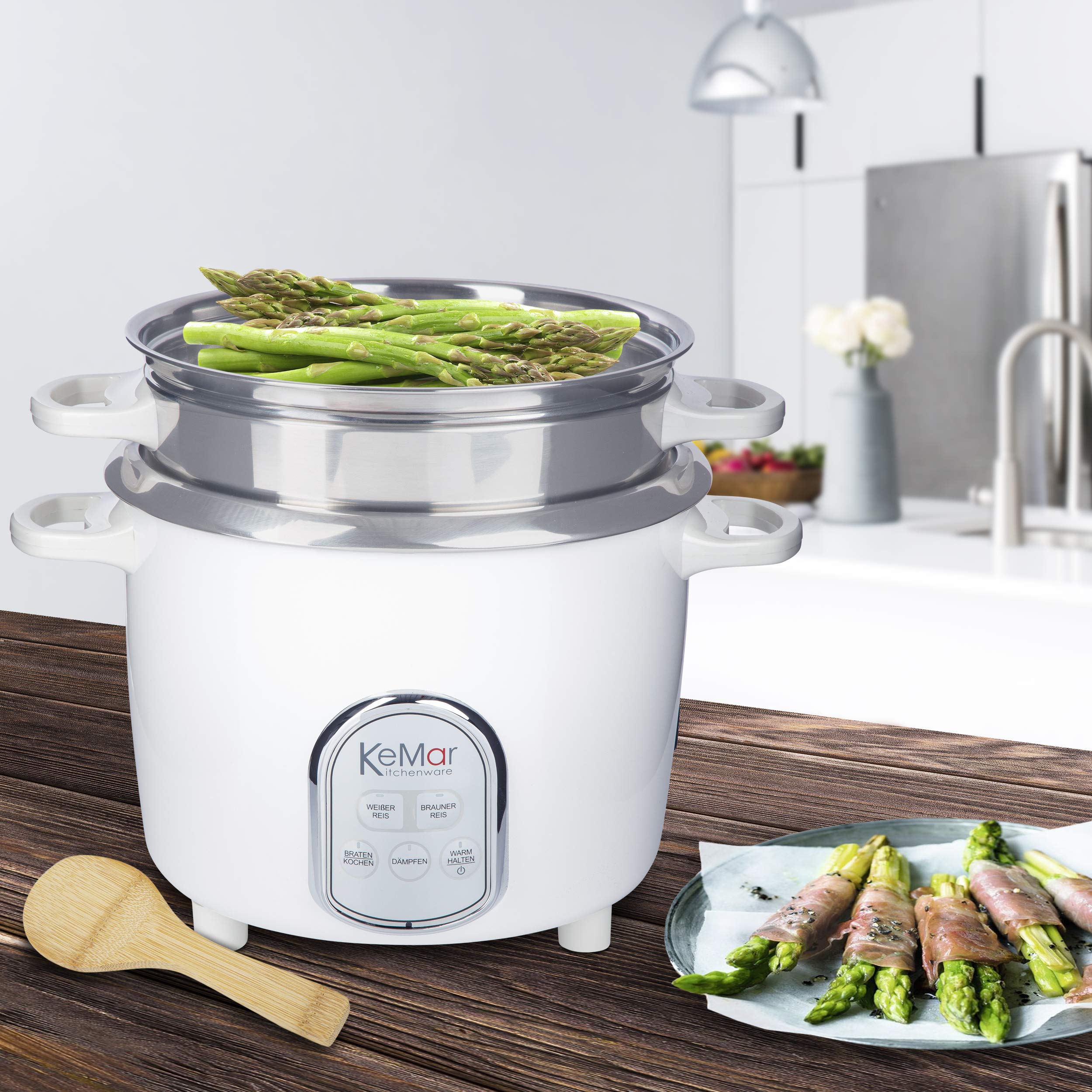 KeMar Reiskocher (5 Programme, 1,4L, 500W, Weiß) 7 Messbecher, Edelstahltopf & Glasdeckel - inkl. Dämpfeinsatz, Dampfgaren - Edelstahlschüssel, spülmaschinengeeignet, Warmhaltefunktion, KRC-175