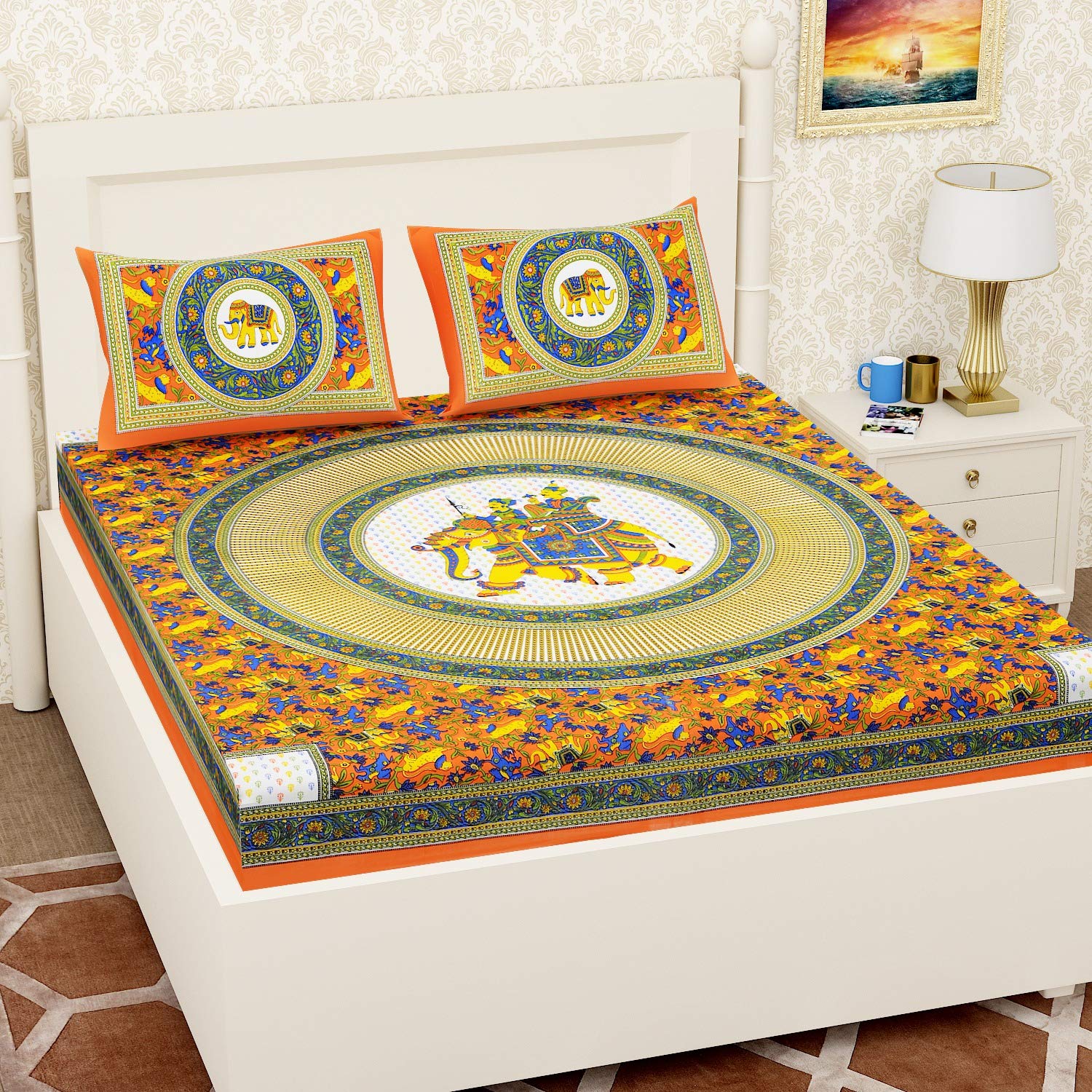 UBANIA COLLECTION-We believe in customers satisfaction® 100% Cotton Jaipuri Traditional King Size Double Bed Bedsheet with 2 Pillow Covers