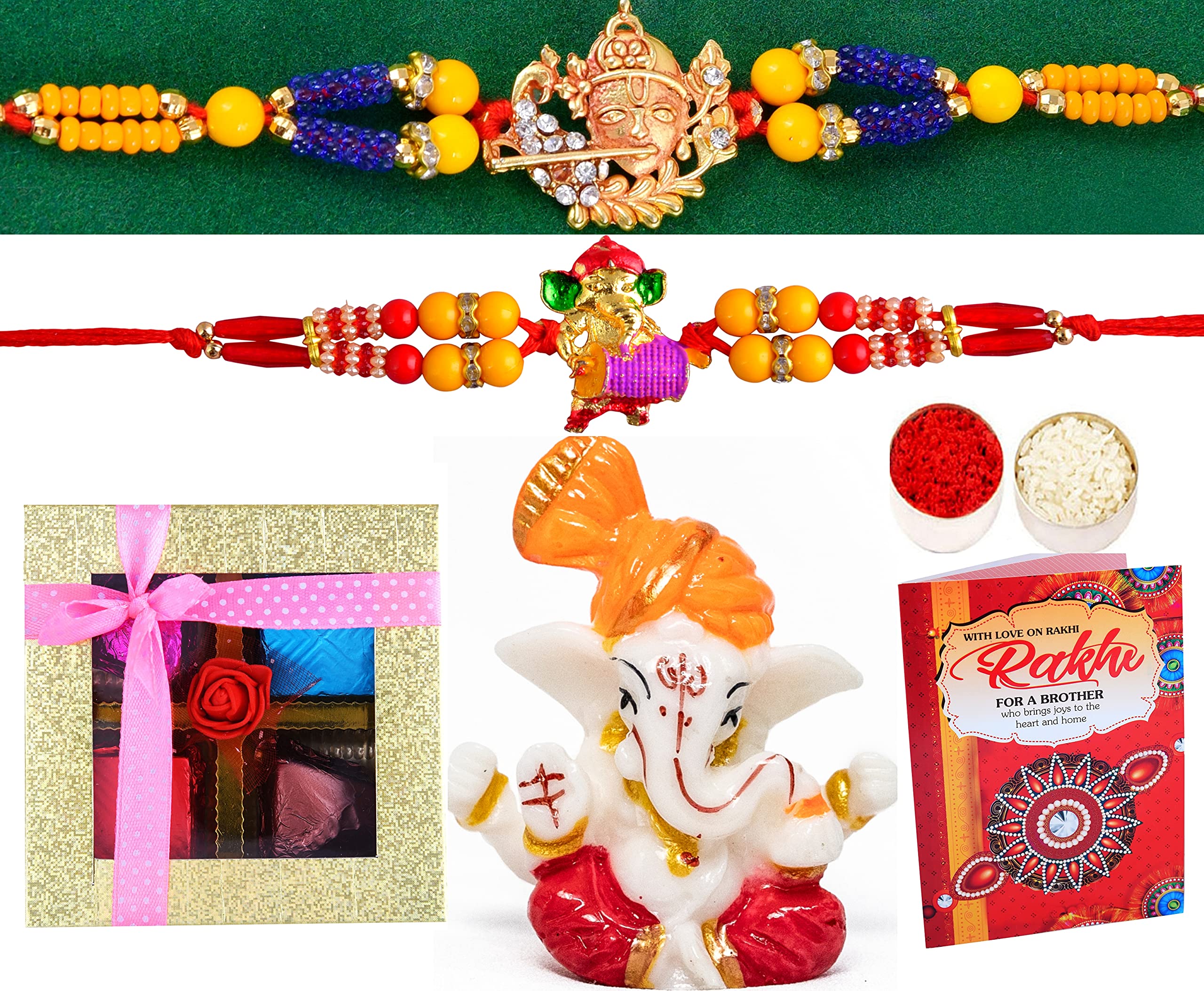 MANTOUSS Rakhi for brother combo/Rakhi for brother with gift/Set of 2 Rakhi for brother with gift-2 gold plated Kundan Rakhi+Showpiece figurine +Roli, Chawal+Rakshabandhan Greeting card,Dark Chocolate (B098LRB4KR) Amazon Price History, Amazon Price Tracker
