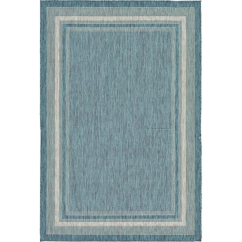 Unique Loom Outdoor Collection Transitional Indoor & Outdoor Casual Solid Tonal Border Area Rug, 6 x 9 ft, Teal/Beige