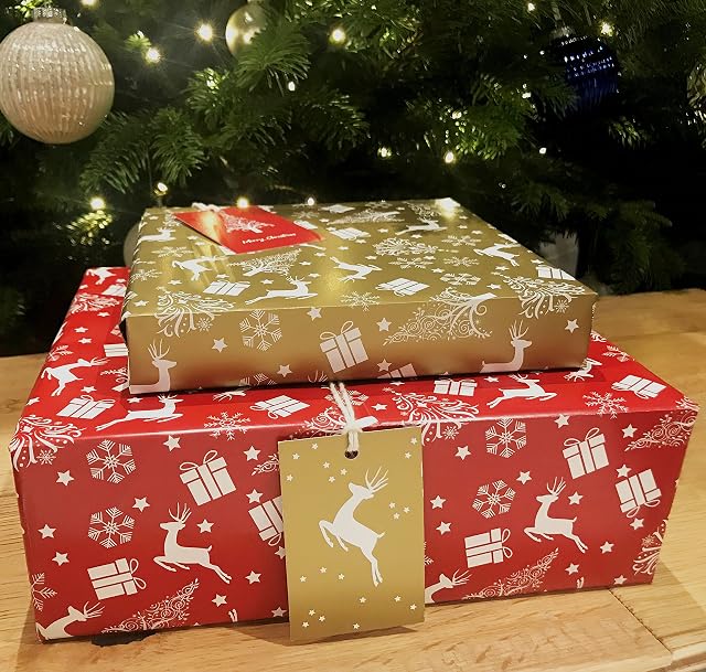 Christmas Wrapping Paper. 8 XL Sheets (50 x 70cm). Red & Gold designs. Gift Wrap Twin design pack with matching Tags. Cutting grid on reverse.