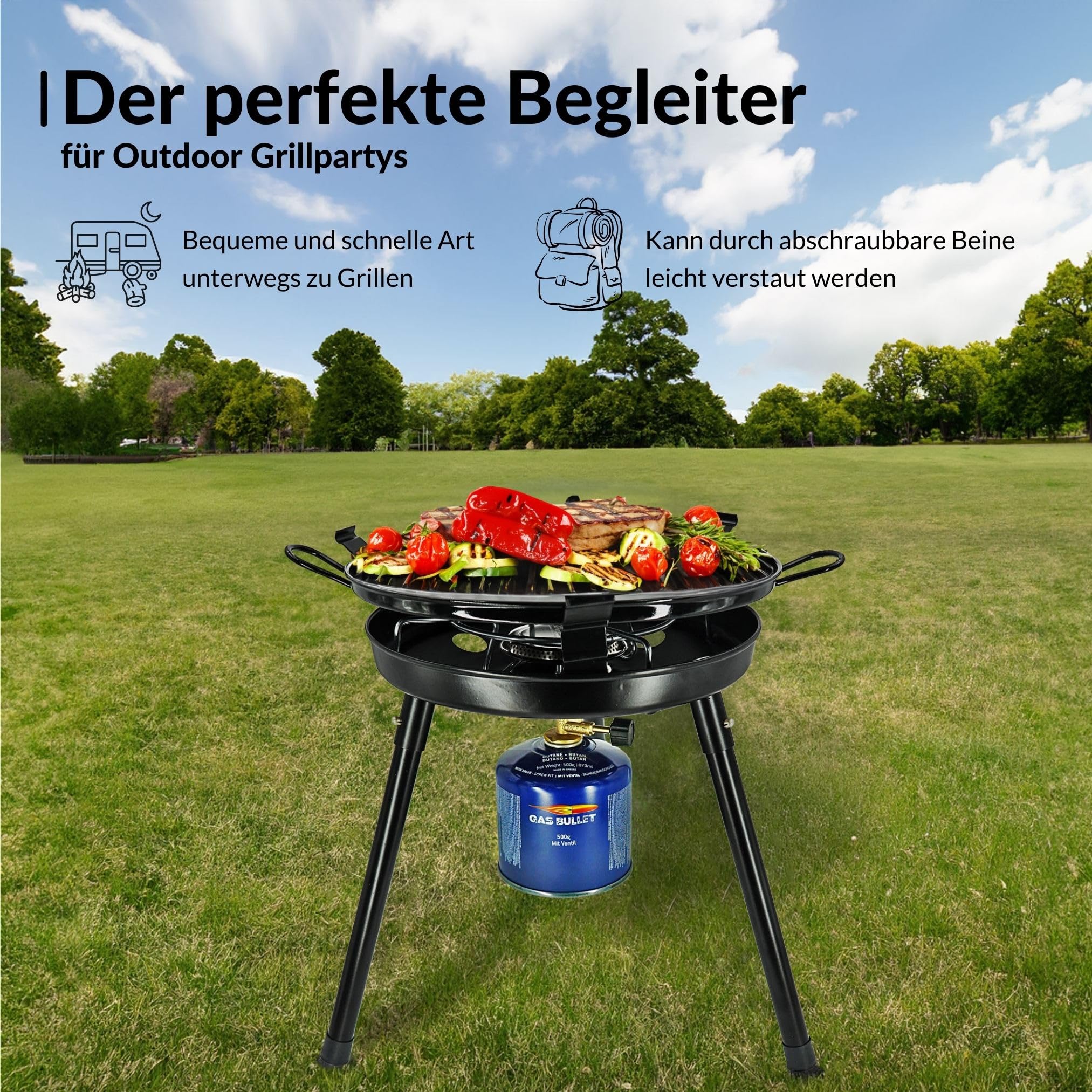 Gasgrill mit Pfanne & Wok + 4 Kartuschen (300g) | für Schraubgaskartuschen | Auseinanderschraubbar | Campinggrill, Party-Grill für Camping, Festivals & Outdoor (Gaskocher + 4 Kartuschen)