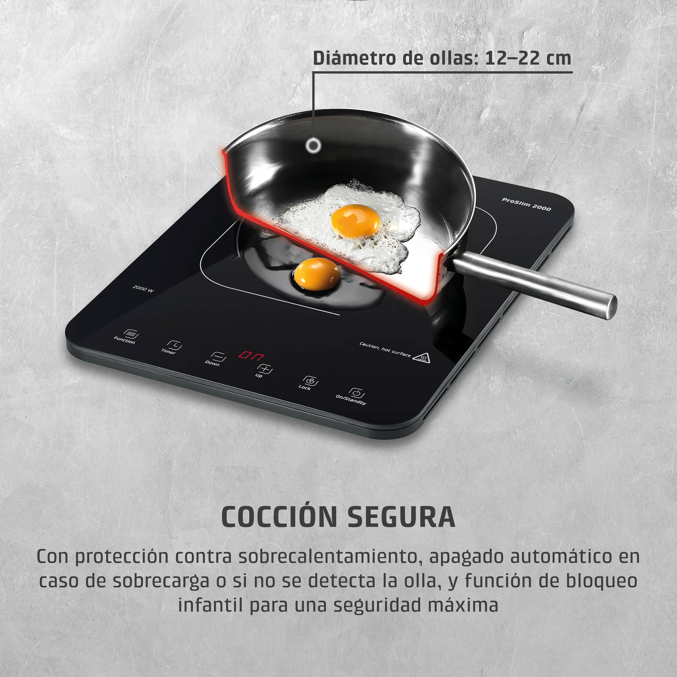CASO ProSlim 2000 - Placa de Inducción portátil con 10 niveles, Control Táctil, Cocina para camper, viajes y campings, Detector de Sartenes,Control Seguridad niños, 39x29x3 cm, 2,3kg - negra